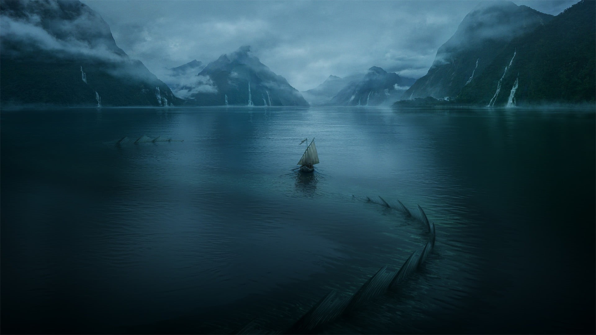 winter, fog, beauty in nature, tranquil scene, boat, sailing, one person, mountain range, landscape, lake, digital art, reflection, water, environment, HD Wallpaper
