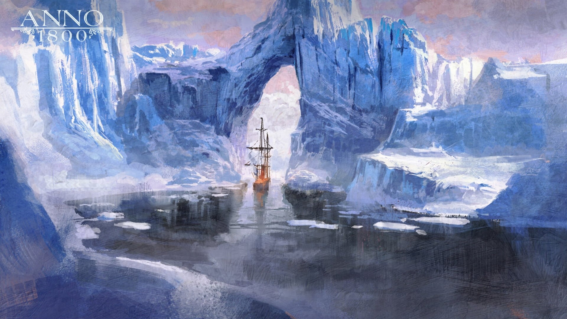 sailing ship, artwork, Ubisoft, 1800s, 1080P, concept art, frigates, digital art, Arctic, Anno 1800, iceberg, HD Wallpaper