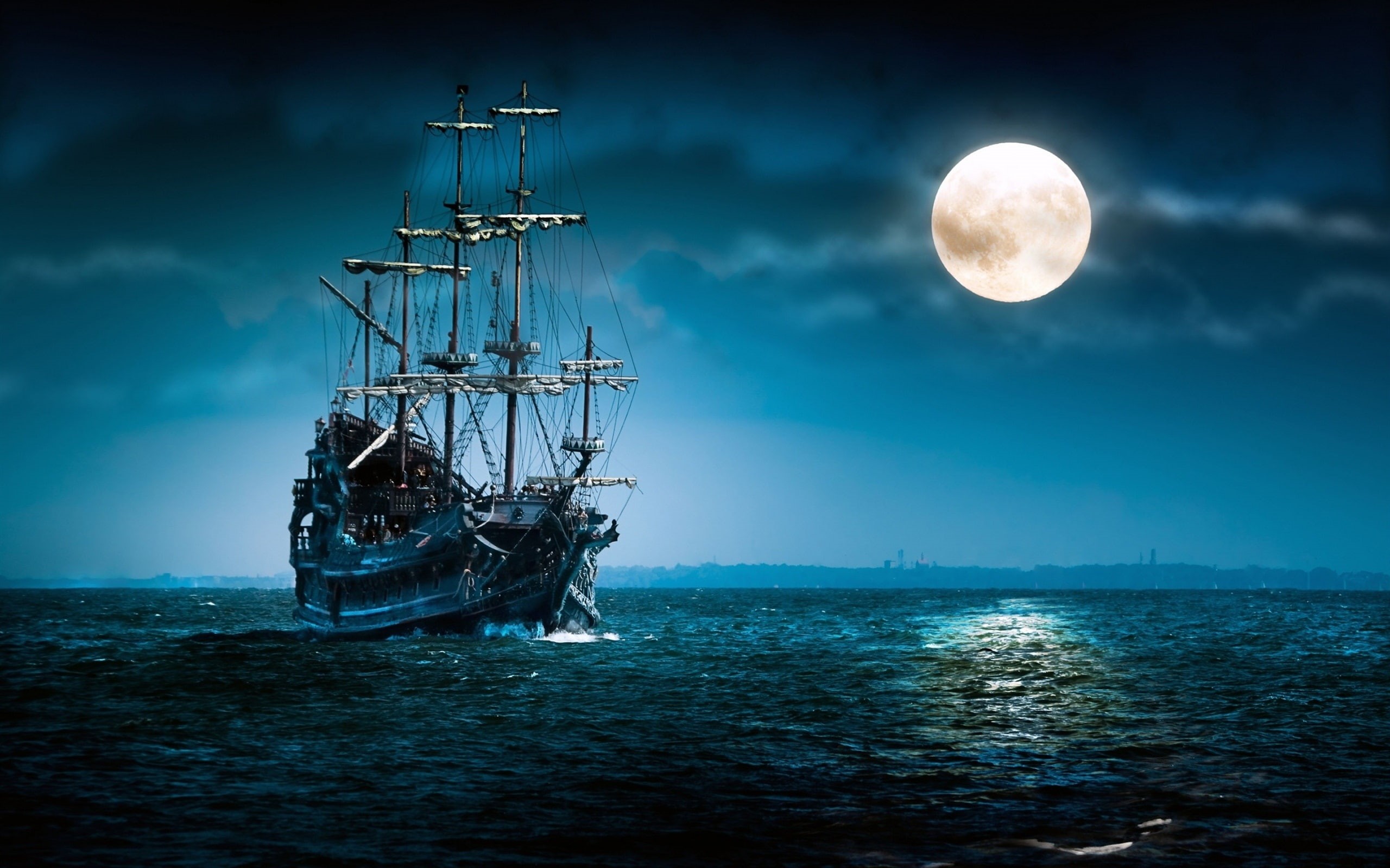 2K, Pirate, Ship, Under, Moonlight, Sailing, HD Wallpaper