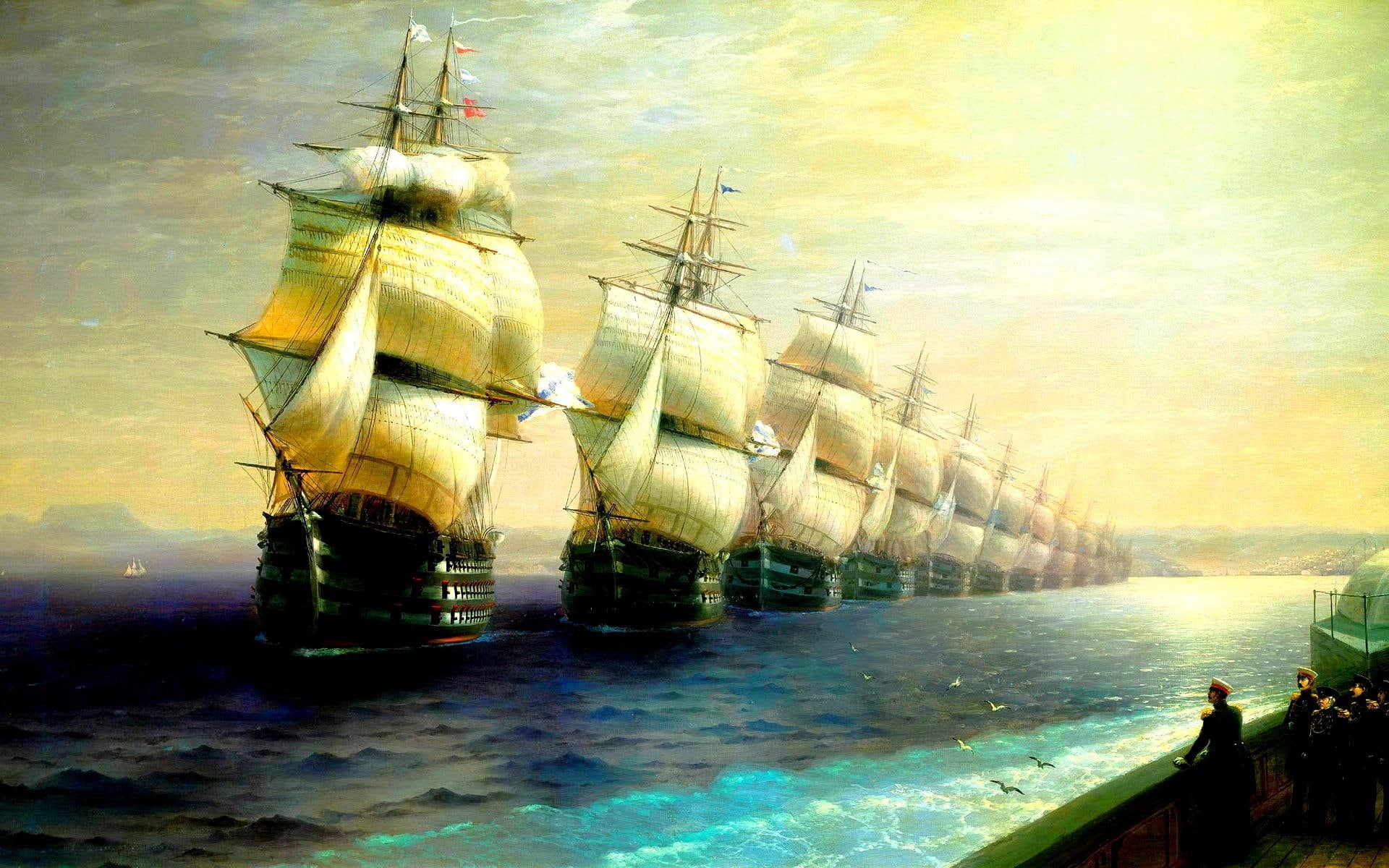 ivan aivazovsky, galleon, ships, ship, sails, painting, 3d and abstract, 1080P, alley, HD Wallpaper