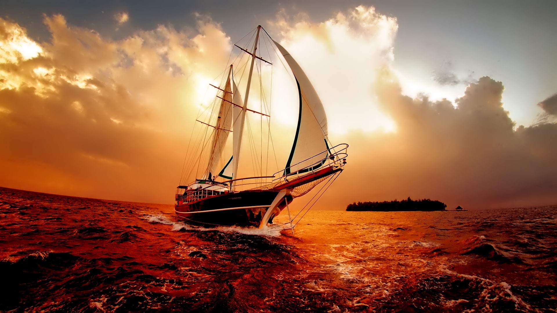 vessel, ship, sun, outdoors, summer, reflection, holiday, water, sport, 1080P, clouds, sea, landscape, beach, boat, ocean, sailing, horizon, travel, cloud, HD Wallpaper