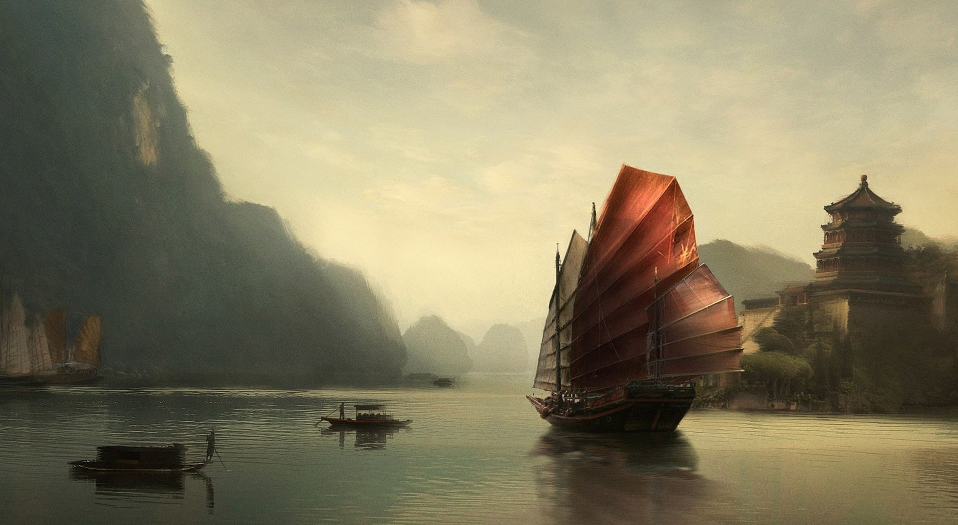 travel, fog, landscape, nature, mountain, Water, Chinese, no people, Artwork, transportation, sea, reflection, beauty in nature, mode of transportation, HD Wallpaper