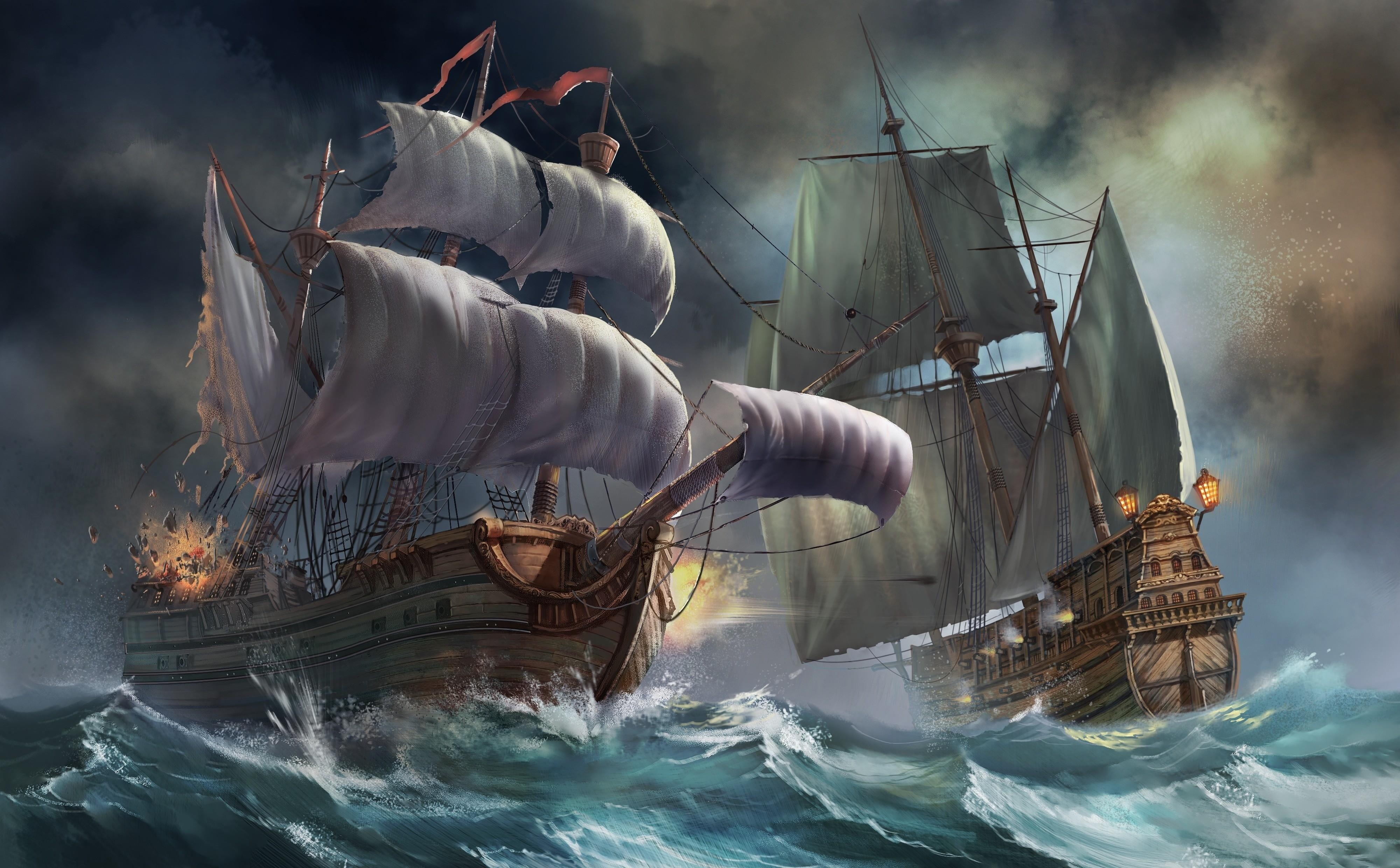body, business, navy, illustration, brigantine, 4K, sky, old, industrial Ship, galleon, ships, wind, sailing, explosion, passenger Ship, tall Ship, travel, HD Wallpaper