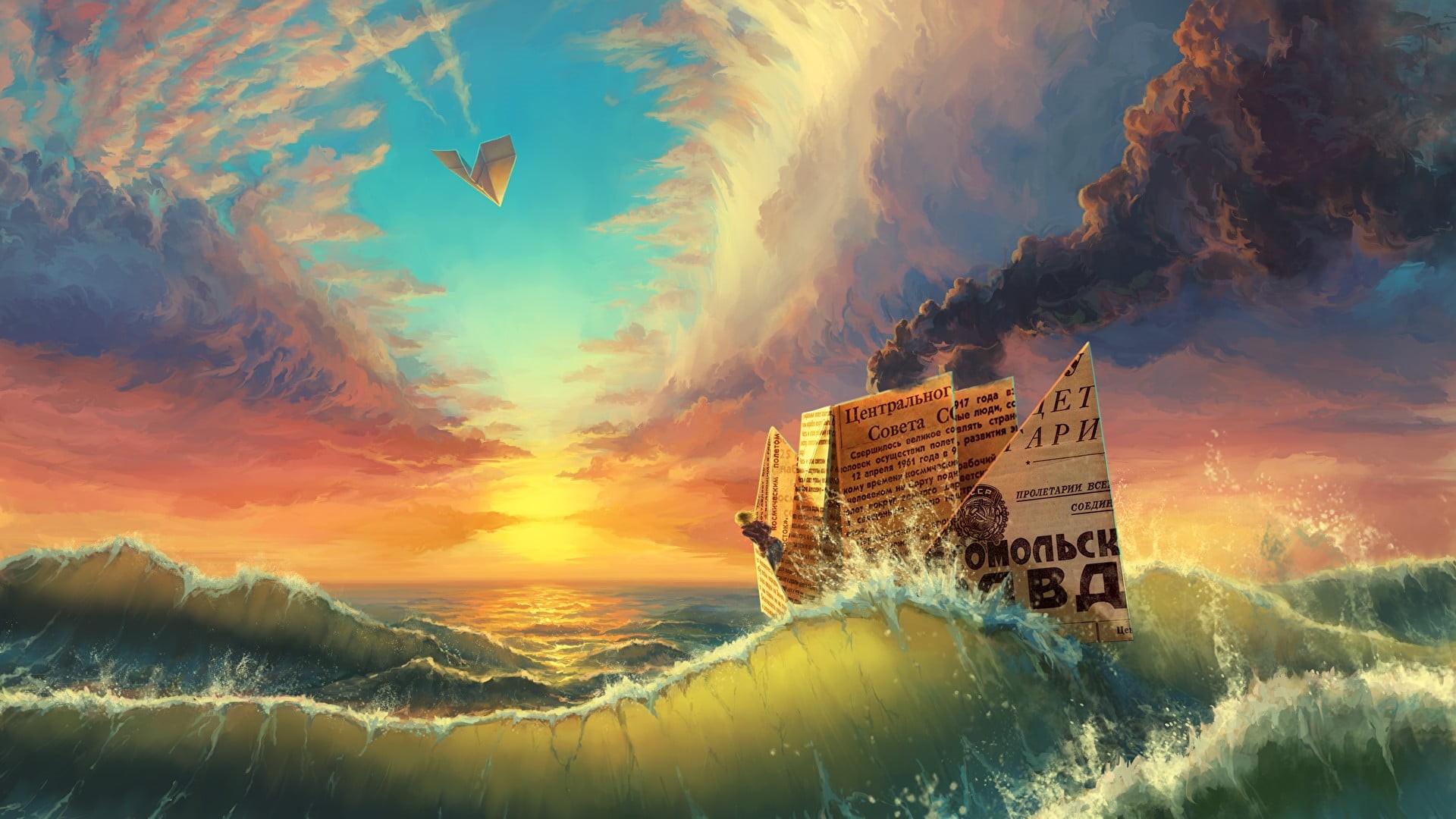 nature, USSR, building, sunset, scenics - nature, colorful, paper, Russian, no people, motion, built structure, orange color, clouds, paper boats, HD Wallpaper