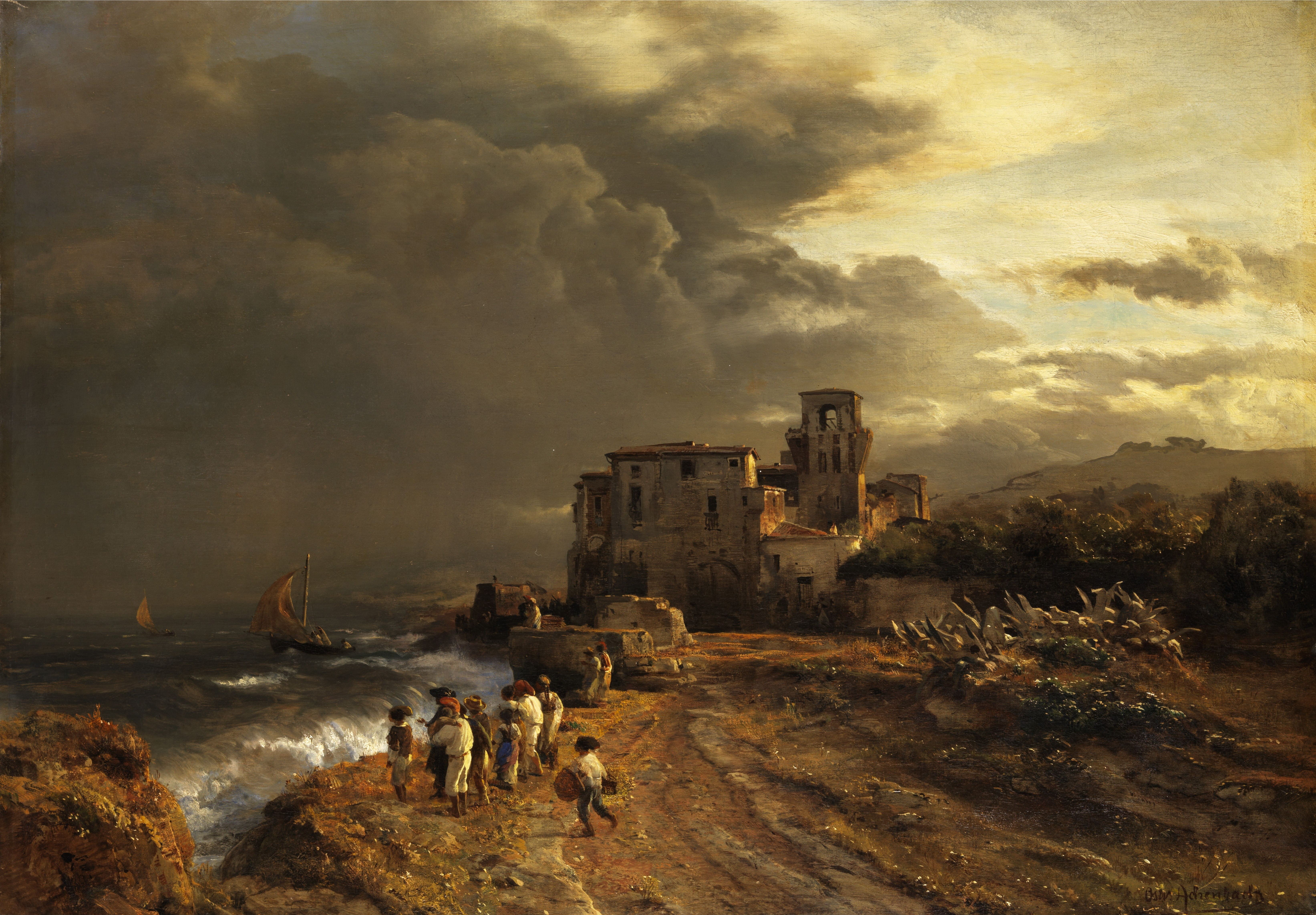 storm, history, sea, country, trees, ancient, old ruin, oswald achenbach, artistic, 5K, building, day, incidental people, old, group of people, outside, HD Wallpaper