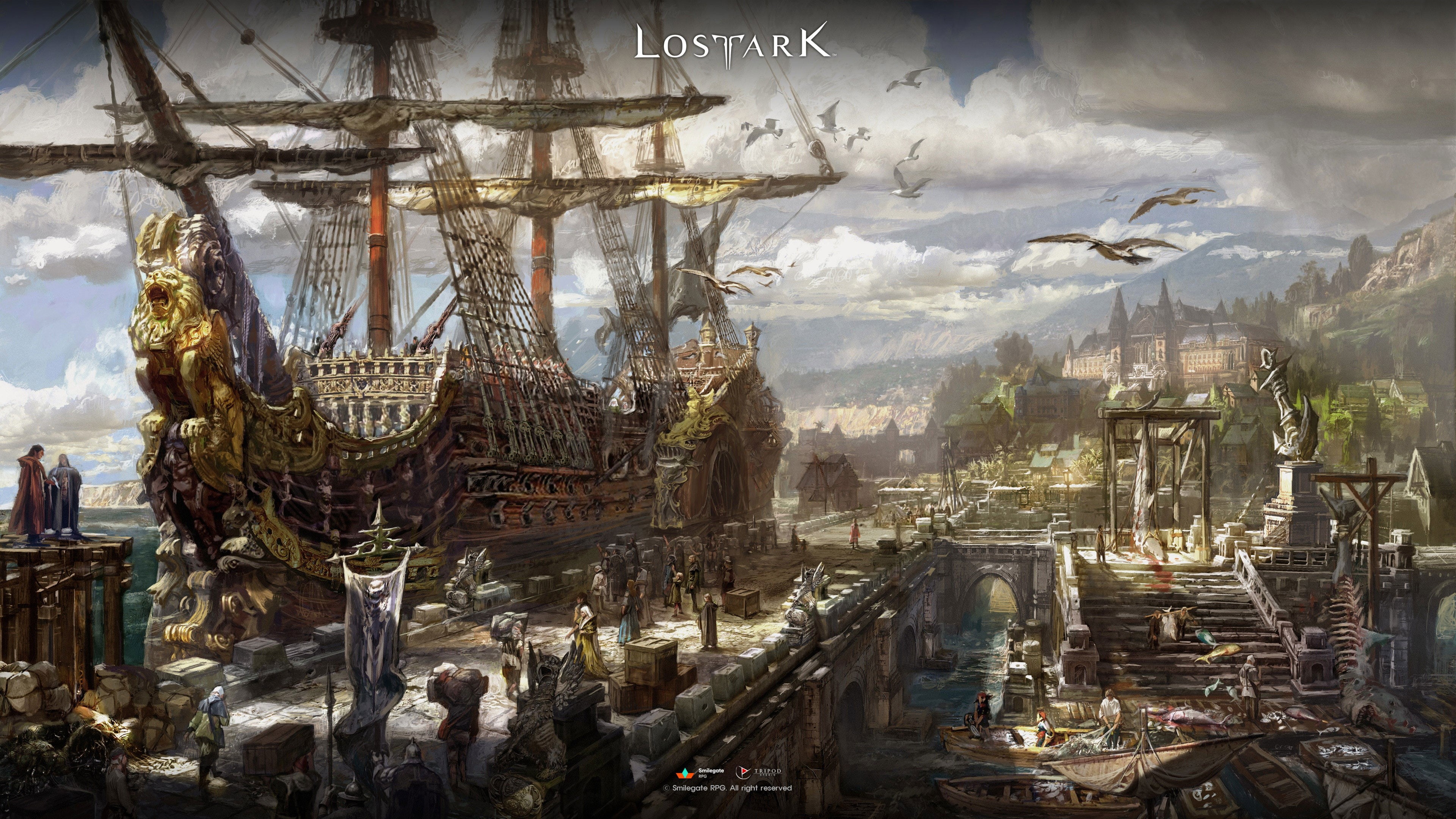 artwork, pier, Lost Ark, boats, sea, game, 4K, digital art, people, goods, harbor, ship, sailing ship, clouds, city, sky, fantasy, HD Wallpaper