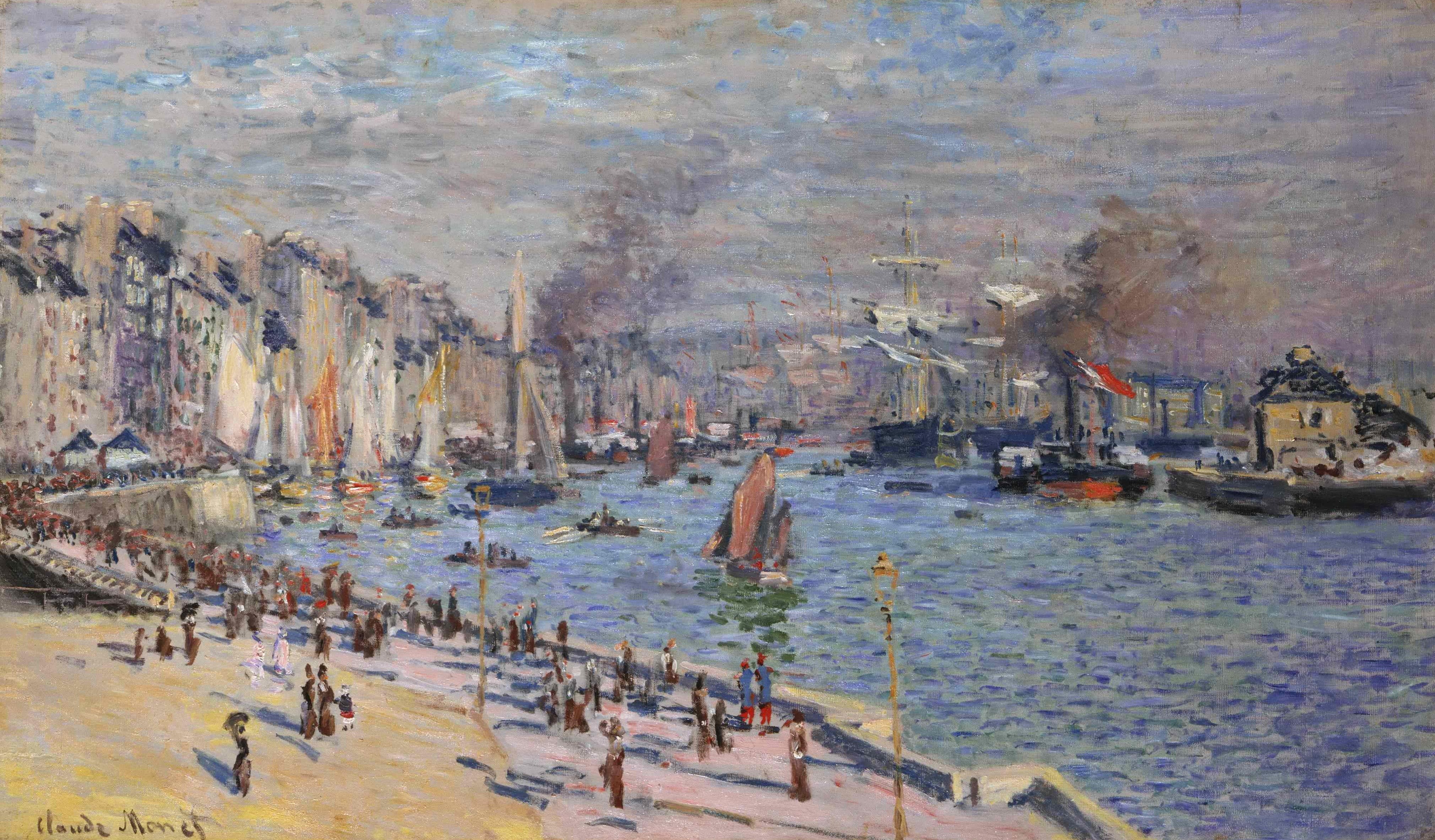 river, landscape, the sky, body, picture, sail, home, Claude Monet, painting, the city, promenade, water, steamer, near, smoke, ship, people, boat, standing, HD Wallpaper