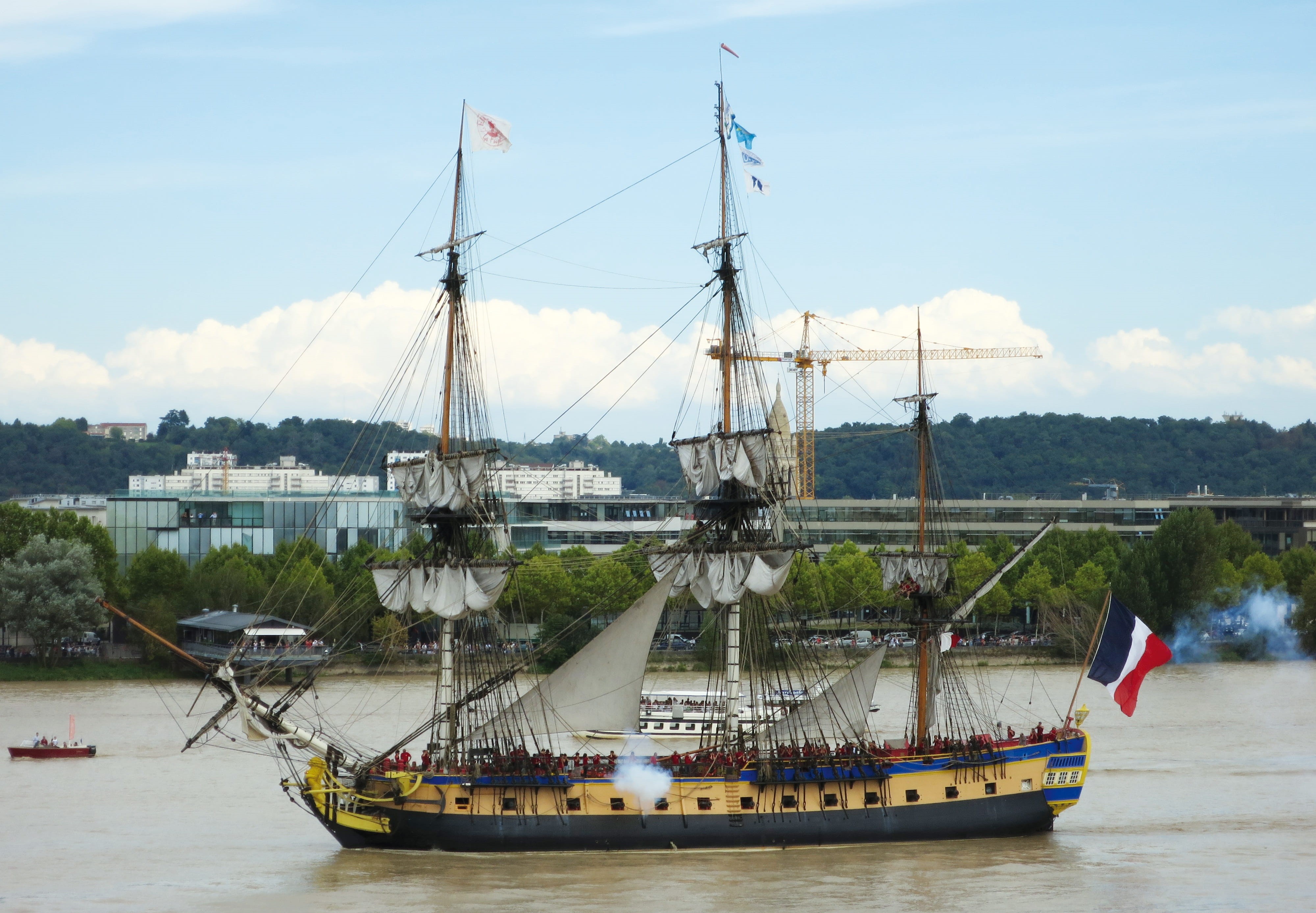 water, Wharf, waterfront, military Ship, hermione, 4K, garonne, Maritime, ship, mode of transportation, passenger Ship, Navigation, Boats, transportation, HD Wallpaper