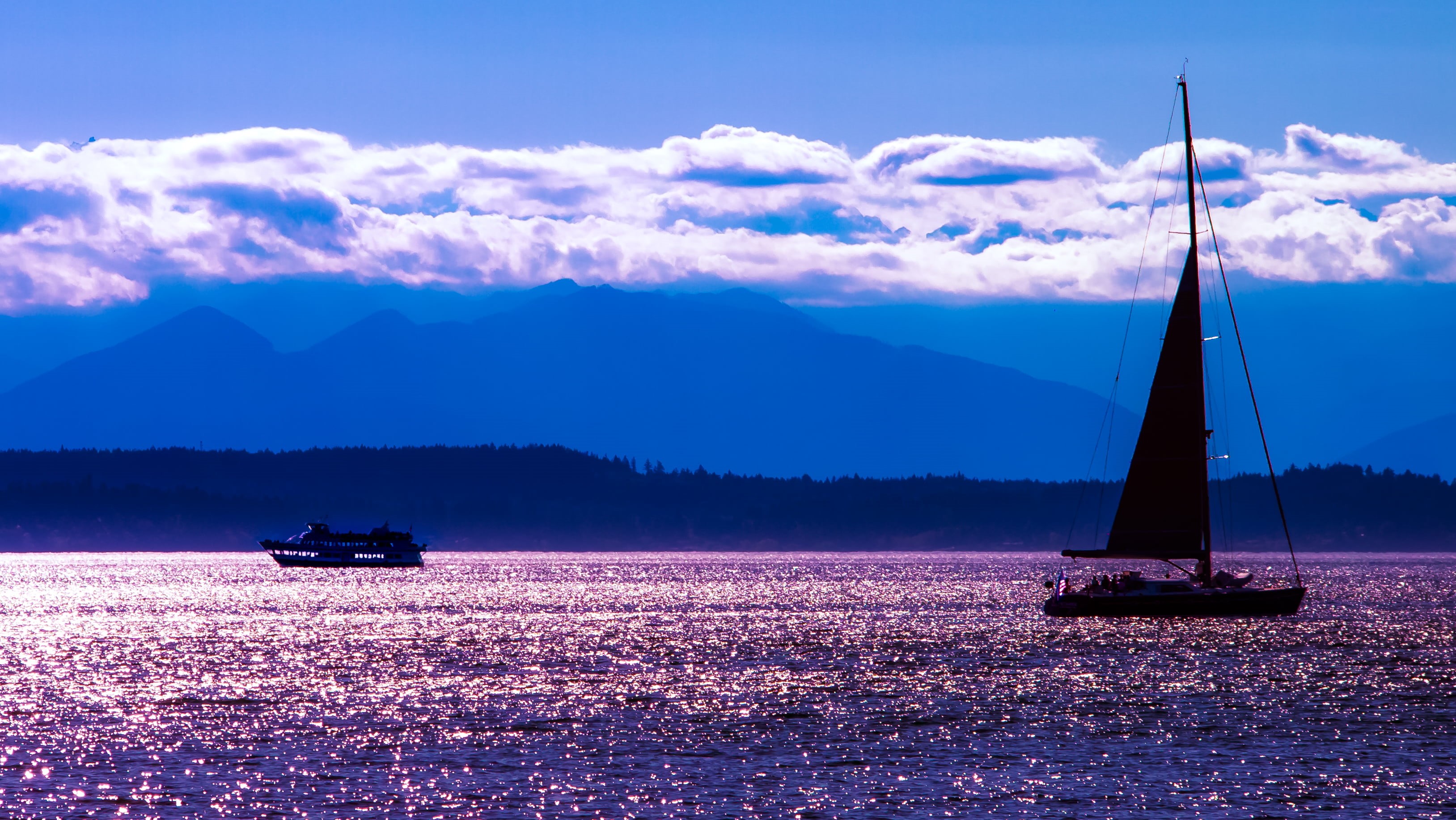 sail on, layers, sound, yacht, blue, ship, shot, water, body, elliott  bay, sky, sunset, puget  sound  washington, vacations, summer, outdoors, mountain, HD Wallpaper