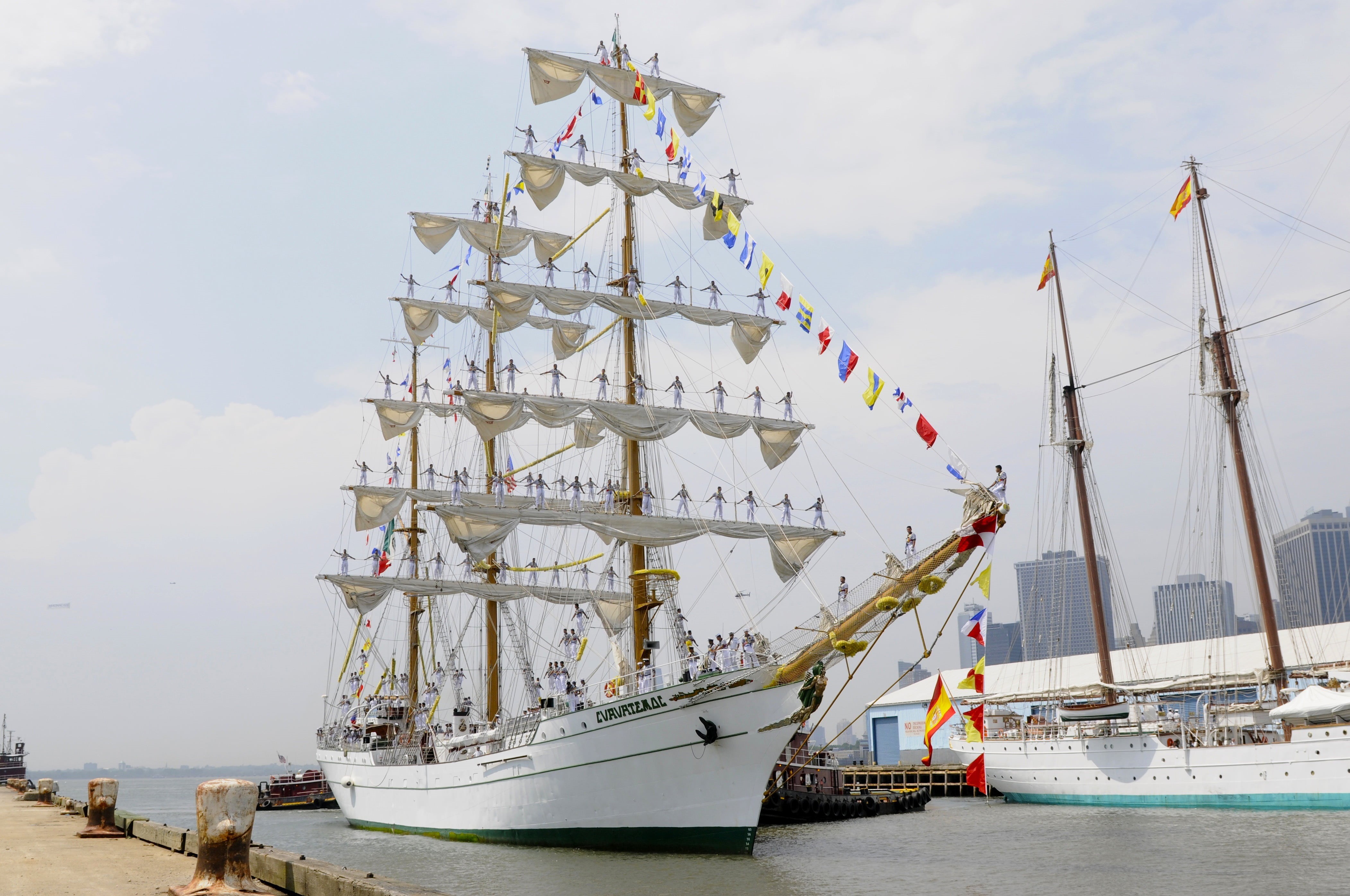 summer, 4K, pole, sailors, skyline, day, tall Ship, buildings, sailing-ship, sailing Ship, manning the mast, boat, architecture, sailboat, port, mast, HD Wallpaper