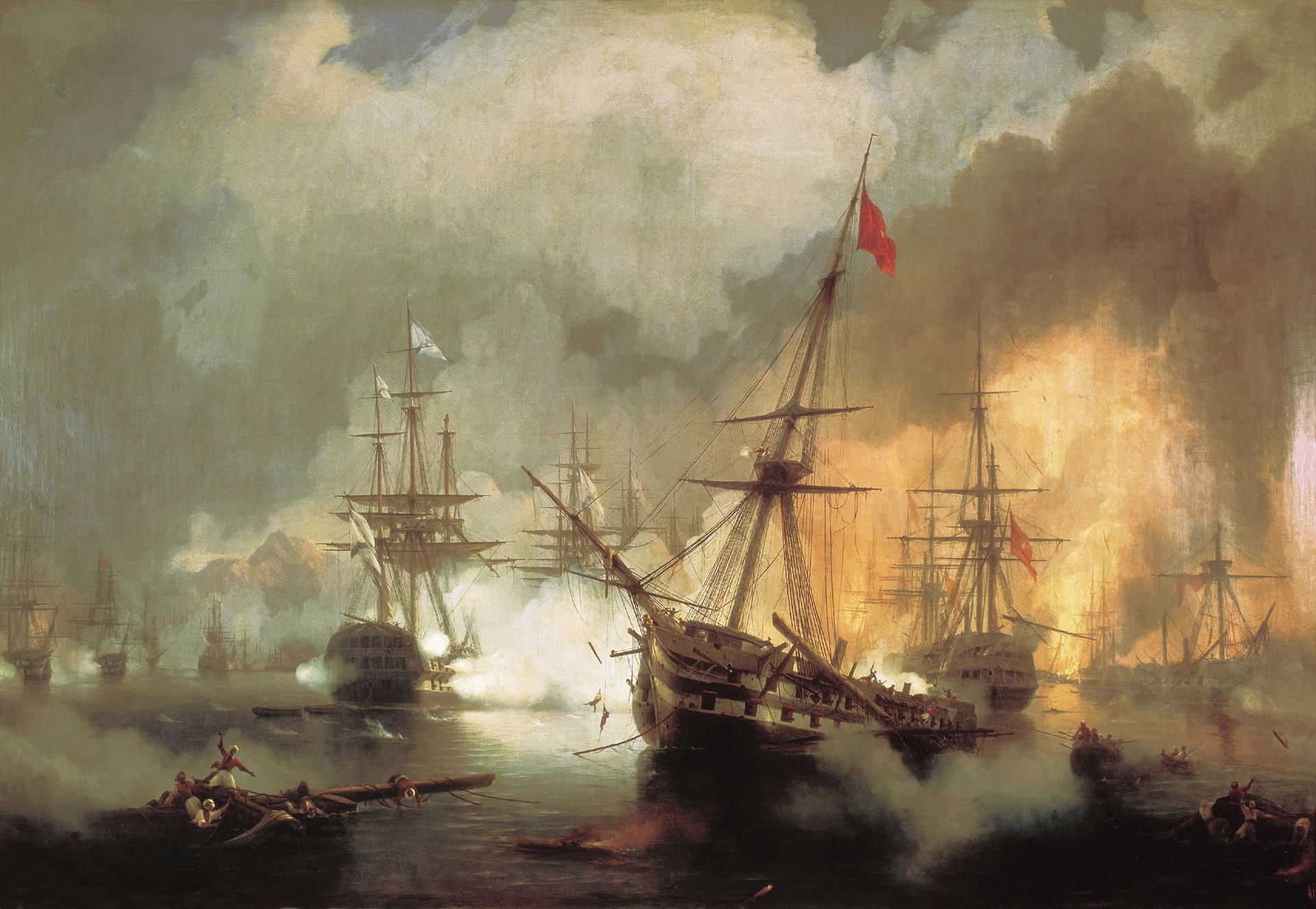 battle, ship, Sea Battle at Navarino on October 2, canvas, 1080P, Ivan Aivazovsky, oil, 1827, picture, HD Wallpaper
