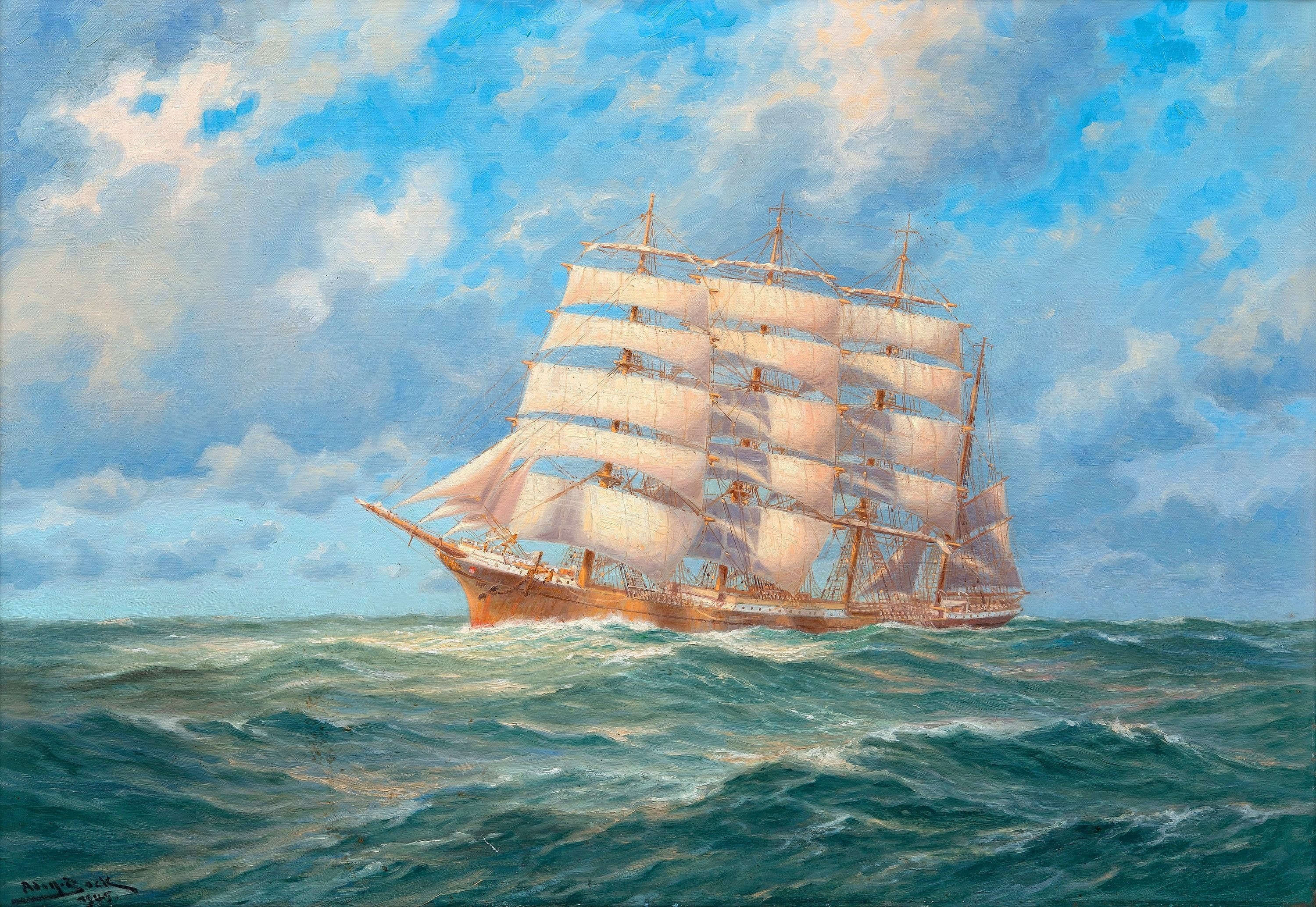 cultures, blue, sailboat, summer, sailing, waterfront, wave, horizon over water, oil. the artist Adolf Konrad Walter Bock, painting, outdoors, sailing Ship, HD Wallpaper