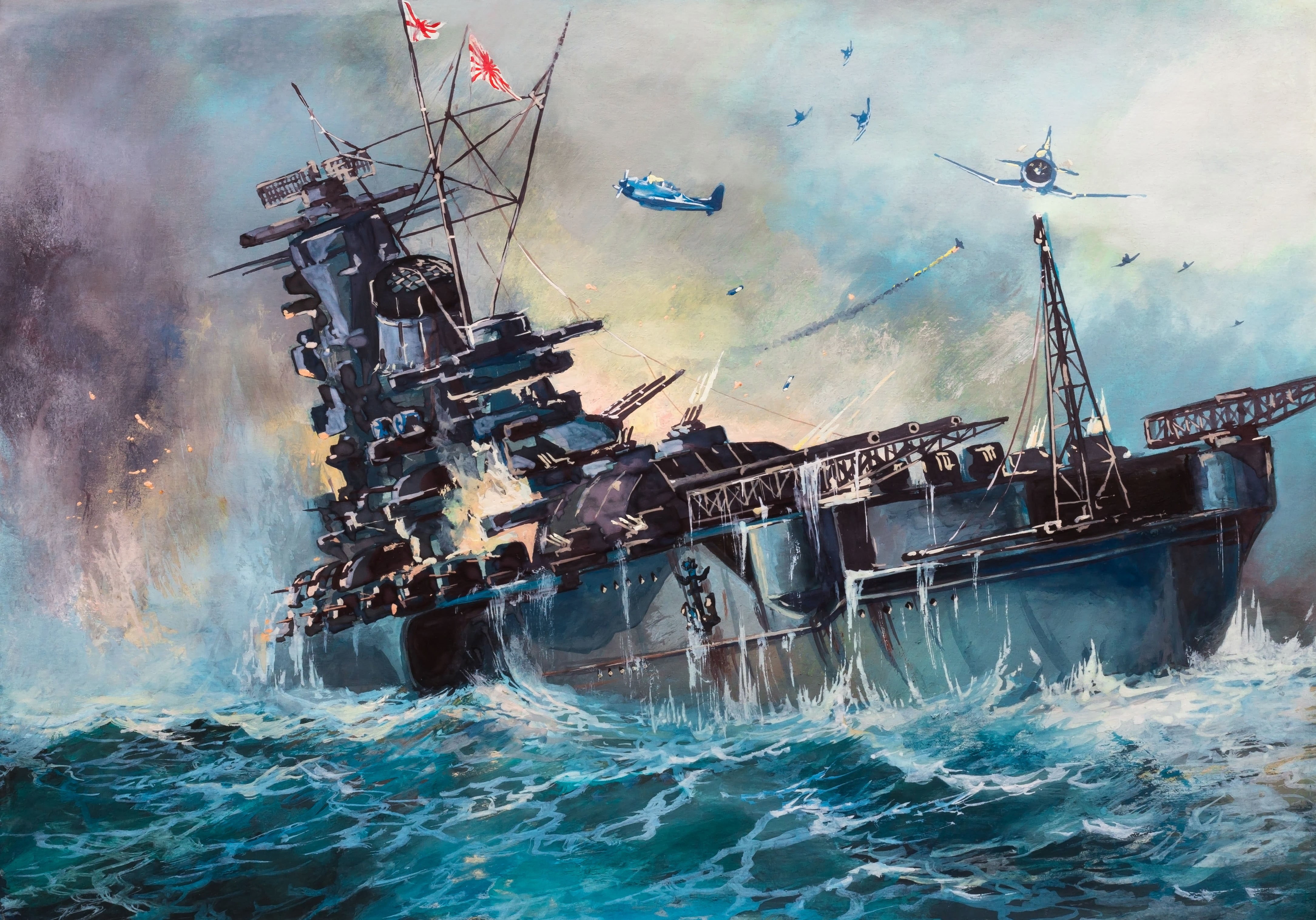 Navy, cannon, marines, aircraft, theatre, attack, day, painting, sea, passenger craft, Pacific, mode of Transport, oil, art, military, war, sailing Ship, HD Wallpaper