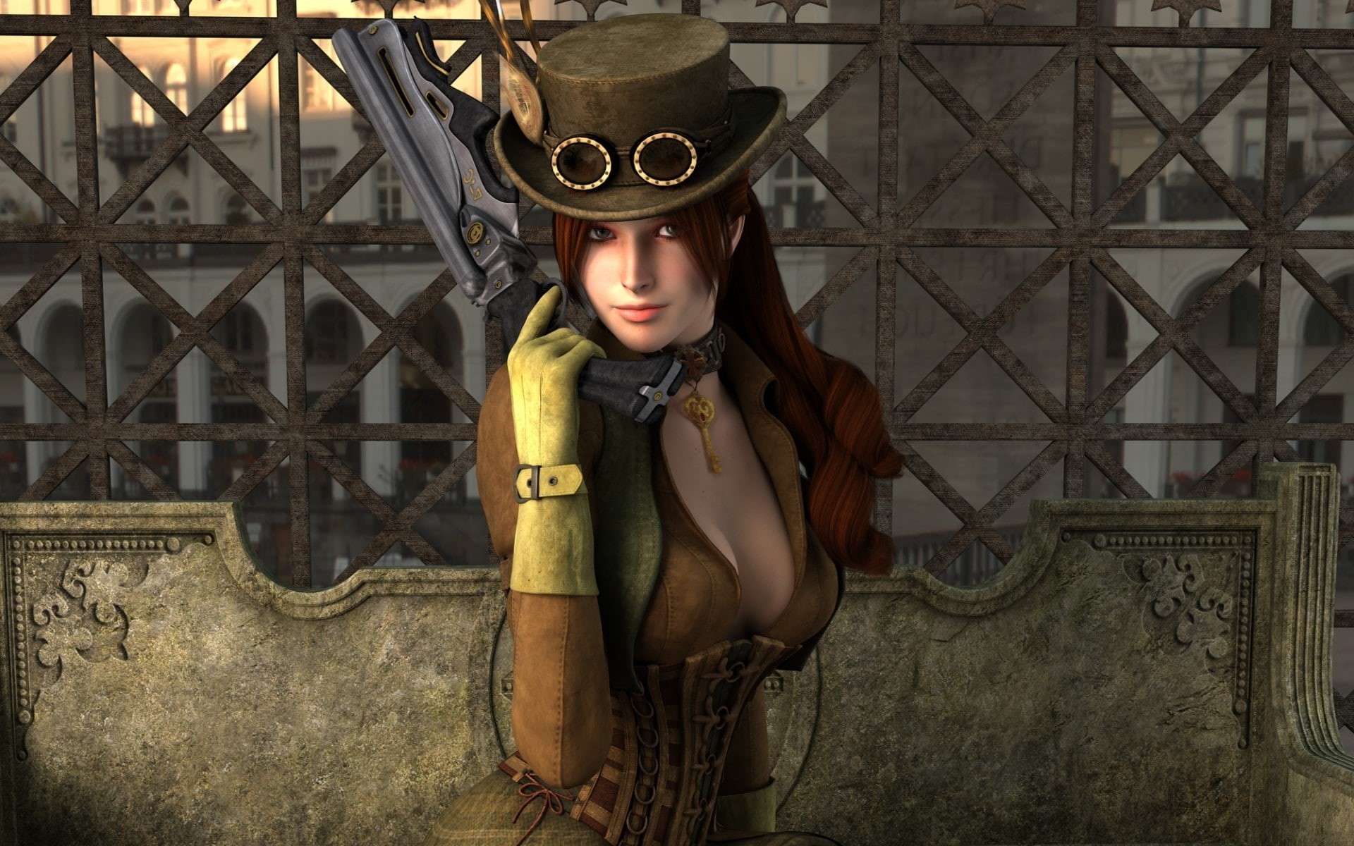 league, redheads, steampunk, women, guns, corset, 1080P, cleavage, tophat, miss, fortune, legends, HD Wallpaper