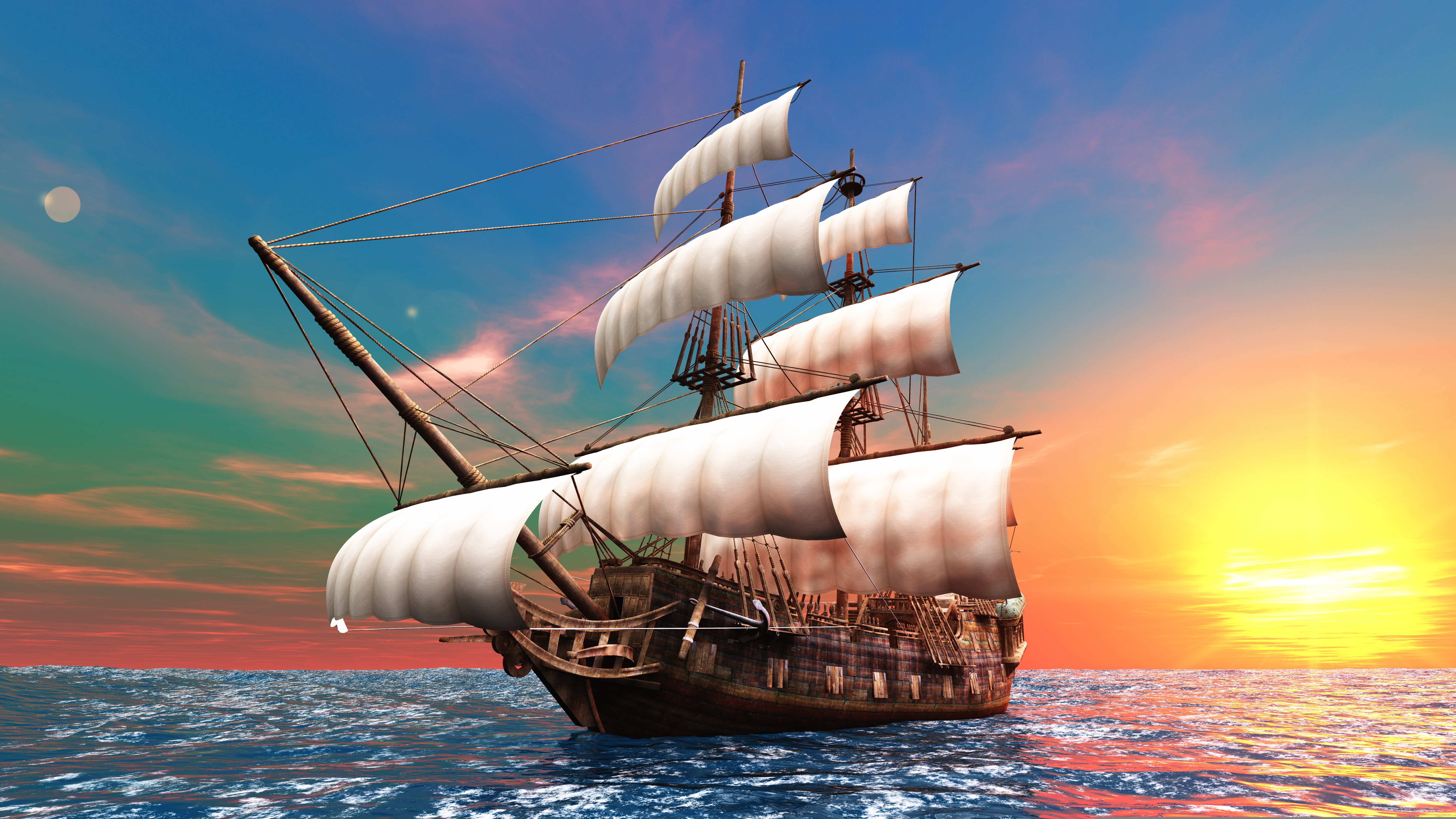 cultures, warship, galleon, sea, water, yacht, digital composite, cloud - Sky, dawn, obsolete, vacations, ship, military Ship, wave, art, horizon, brig, HD Wallpaper