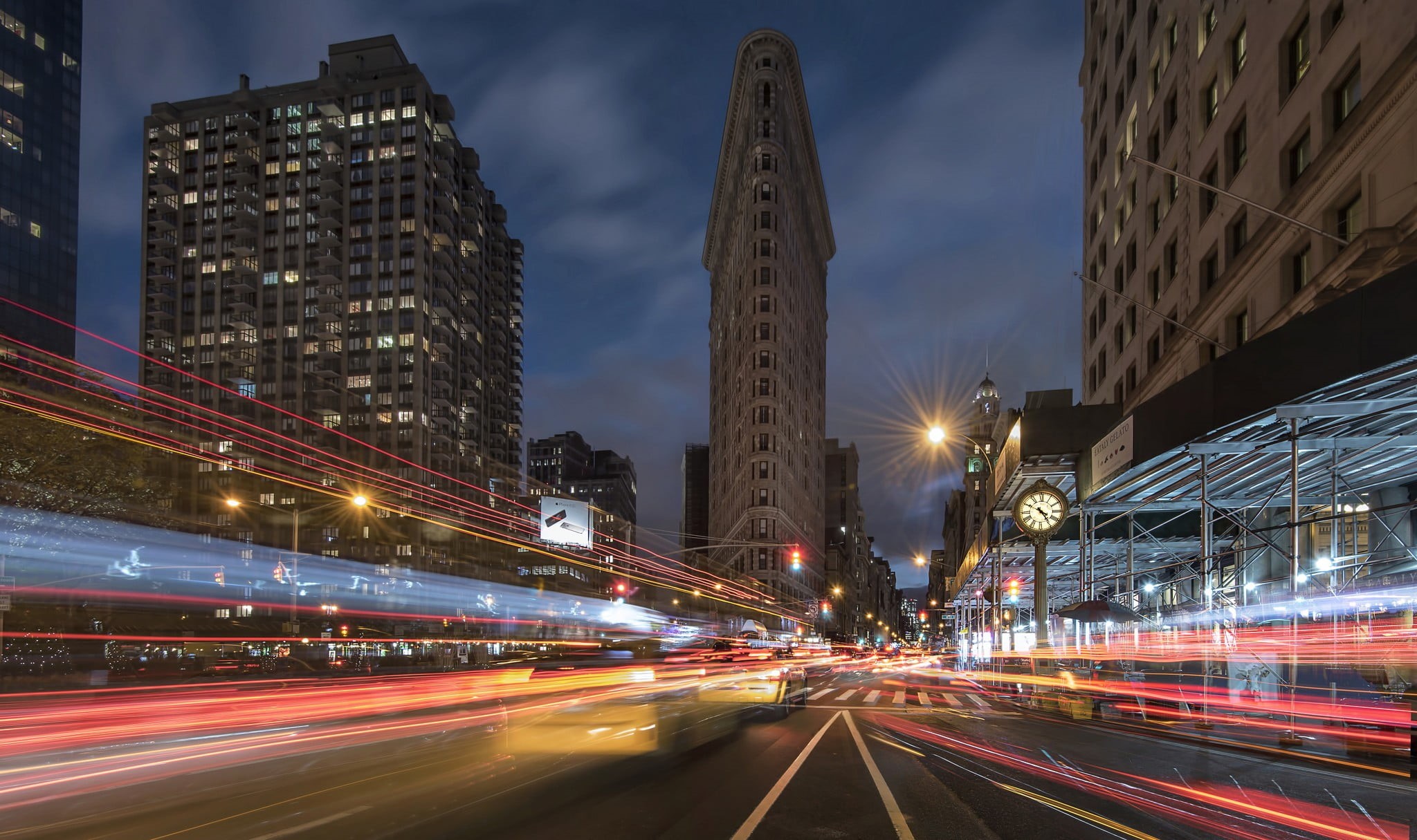 built structure, sky, office building exterior, motion, miniature, night, outdoors, cityscape, 1080P, light, skyscraper, USA, clocks, street, lights, ship, HD Wallpaper