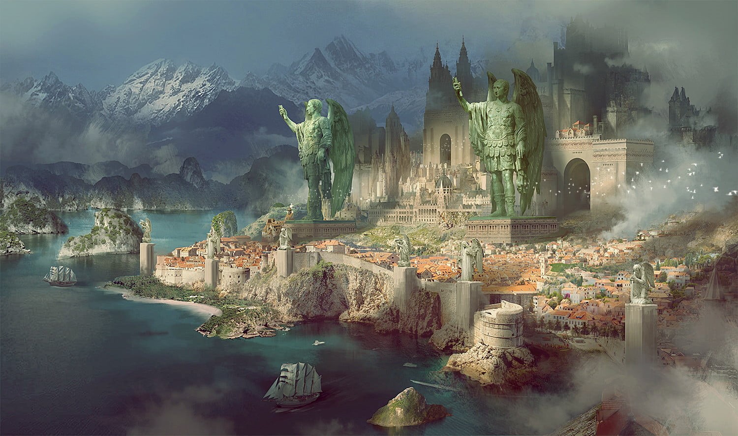 artwork, sailing ship, sea, fantasy art, fantasy city, mountains, statue, city, 720P, HD Wallpaper