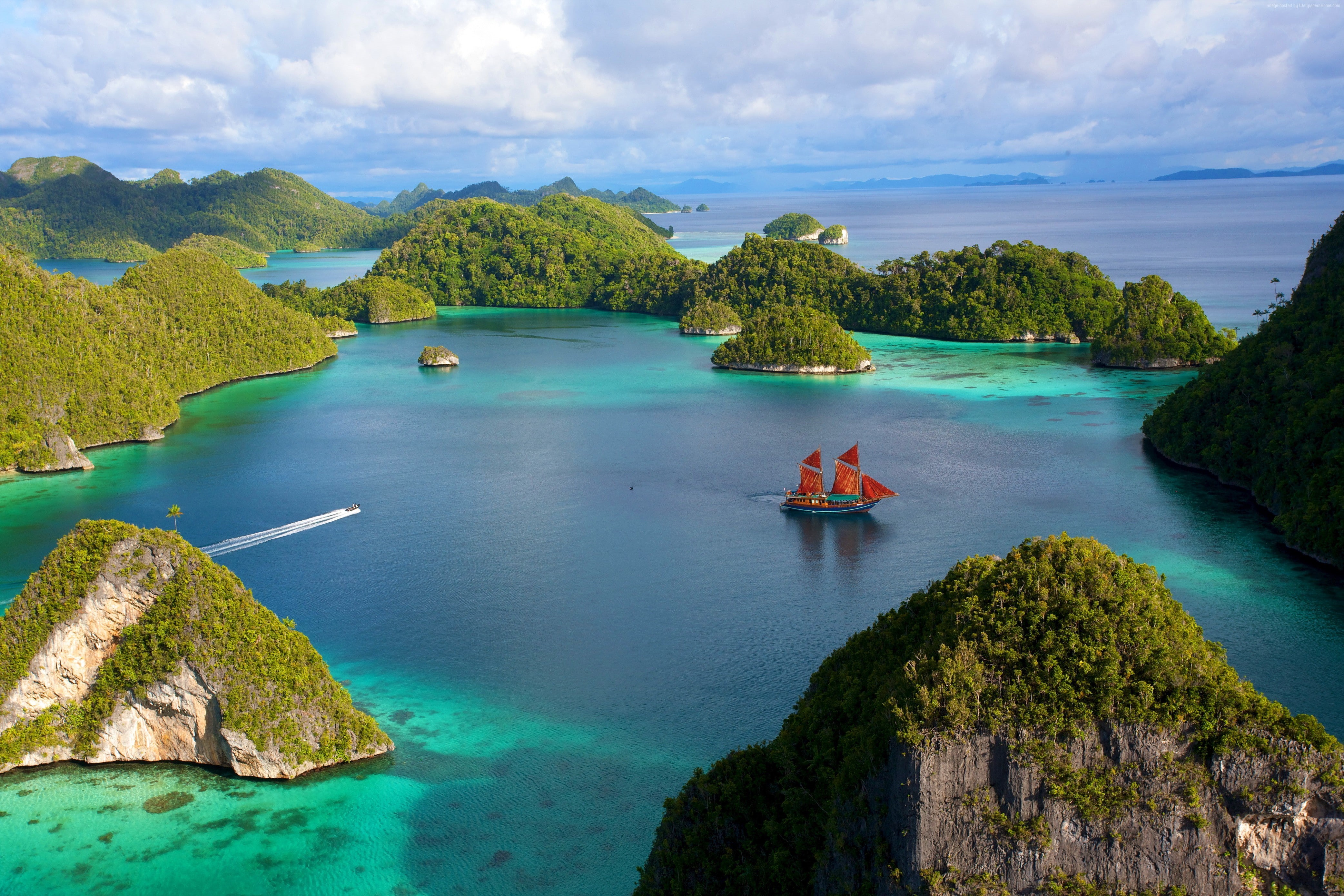 lake, rocks, ocean, clouds, 4K, sea, nature, 4k, Indonesia, sailing ship, water, Danau Toba, HD Wallpaper