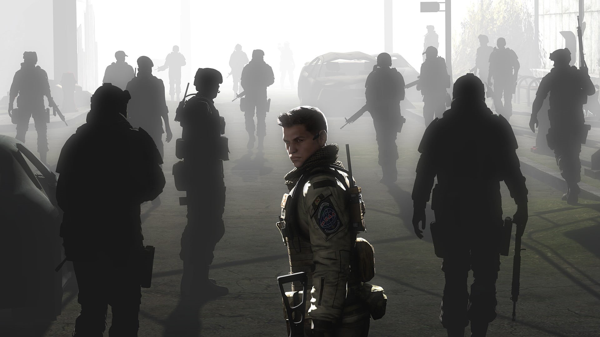 1080P, adult, city, men, travel, group of people, digital art, outdoors, crowd, silhouette, day, video games, standing, soldier, people, digital, HD Wallpaper