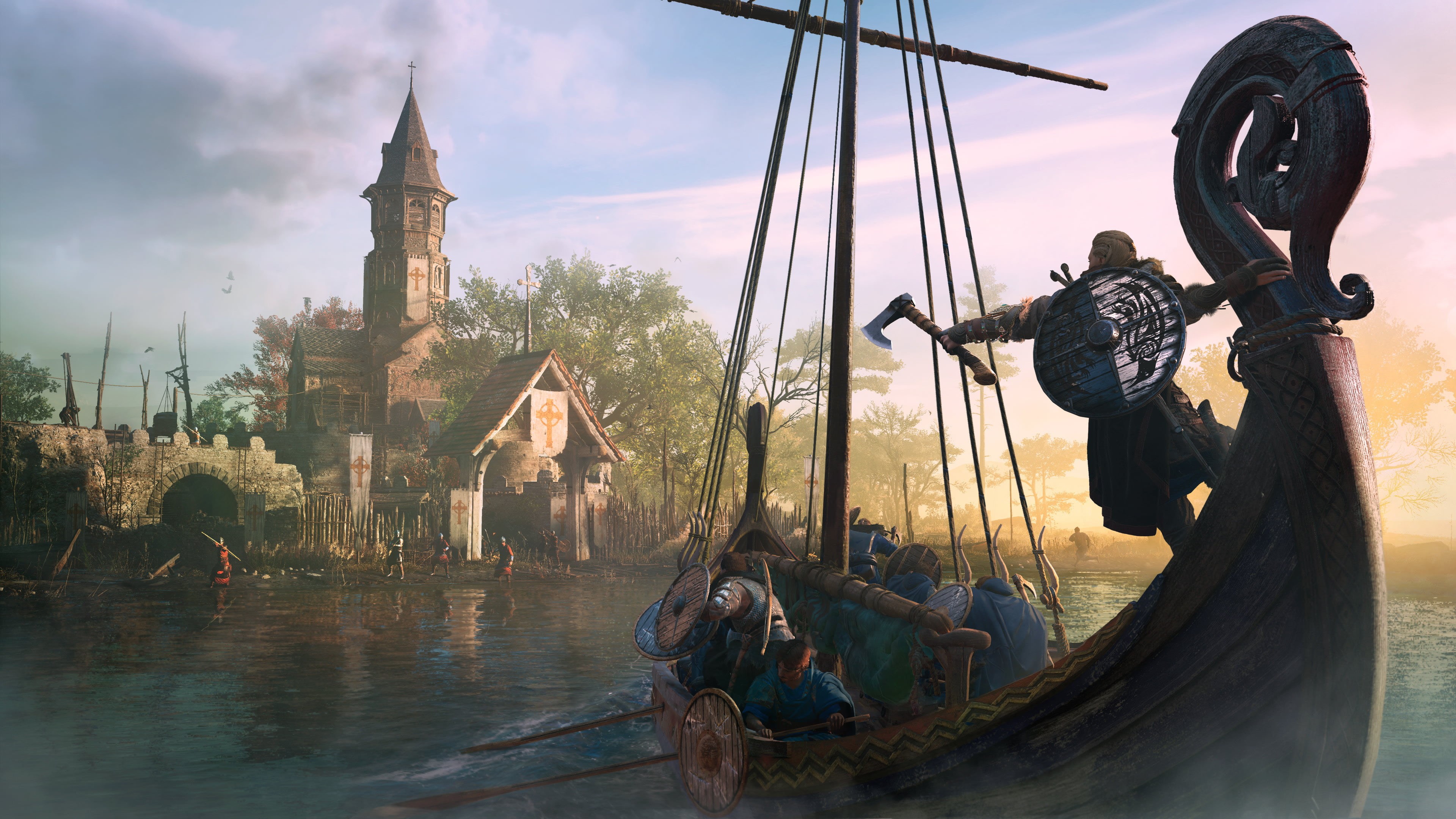 viking, Axe, video game art, video games, digital art, boat, 4K, sea, Assassins Creed: Valhalla, shield, HD Wallpaper