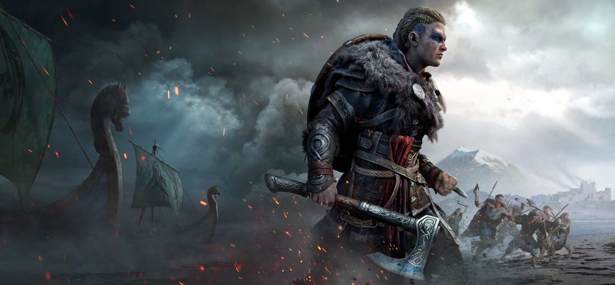 axes, inked, Vikings, RPG, ship, Assassins Creed Valhalla, 1080P, Eivor, shield, Ubisoft, Drakkar, Assassins Creed, videogame, HD Wallpaper