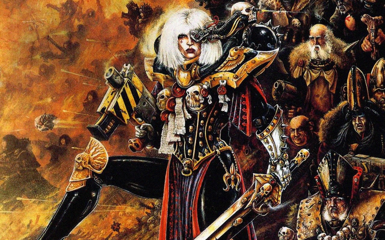 mural, paint, musical instrument, weapon, creativity, art and craft, people, musician, performance, Warhammer, craft, Sisters of battle, music, male likeness, HD Wallpaper