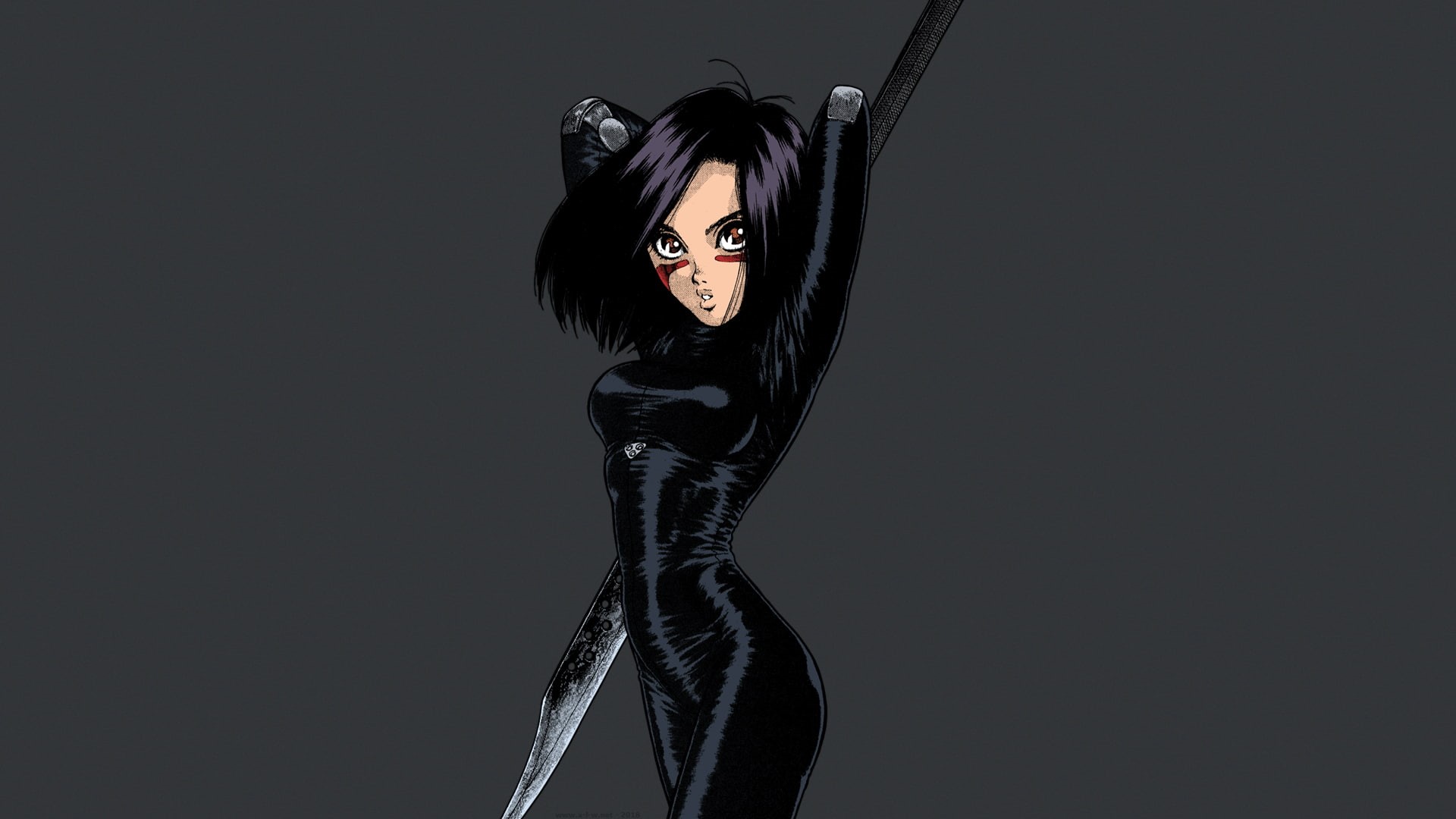 clothing, young adult, hairstyle, anime, make-up, fashion, beauty, veil, women, studio shot, Gally, Alita, black color, black background, glamour, weapon, HD Wallpaper