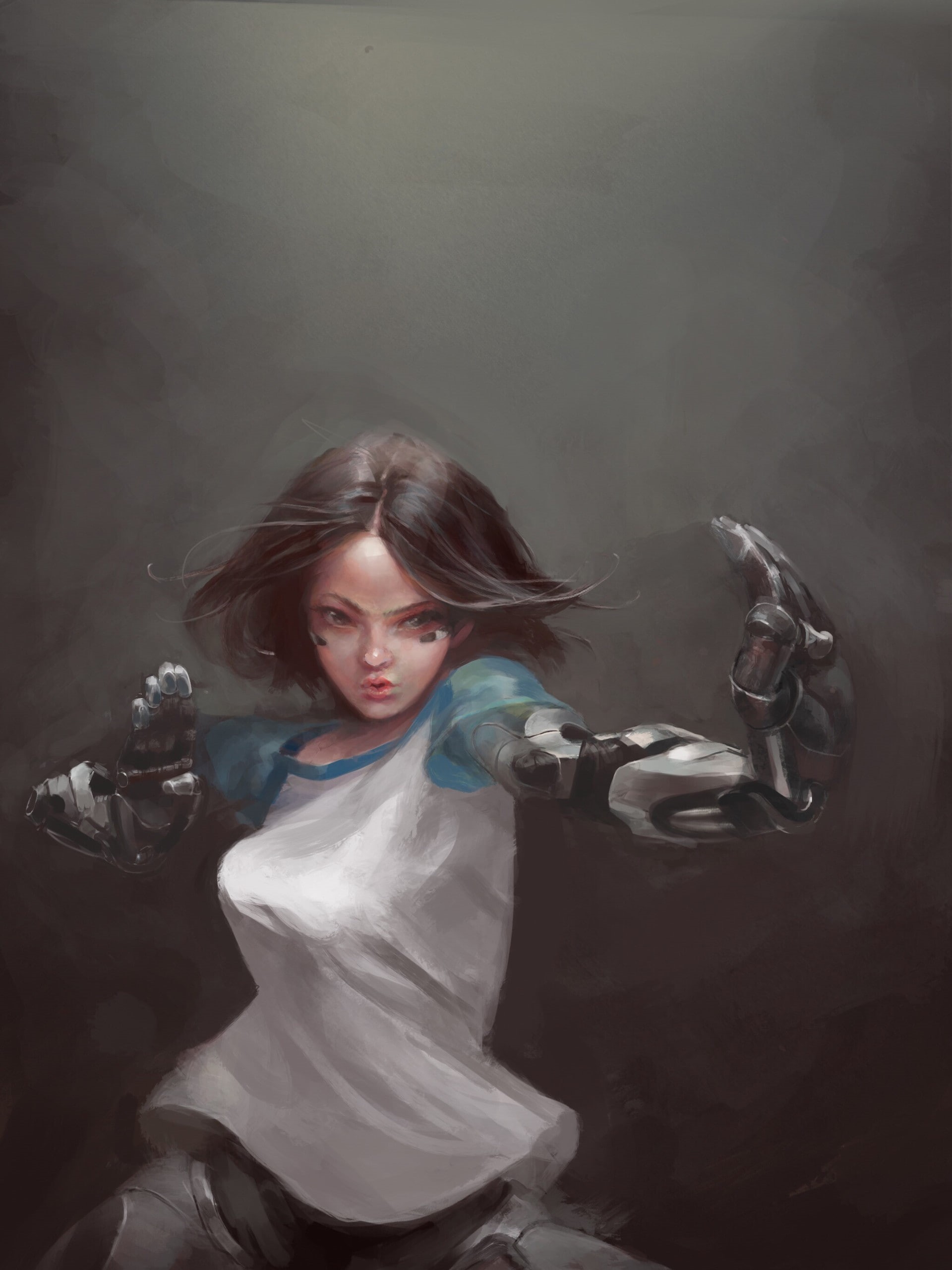 Alita, T-shirt, 2D, 2K, gray background, concept art, Alita: Battle Angel, fan art, digital art, cyberpunk, artwork, anime girls, painting, women, cyborg, Phone HD Wallpaper