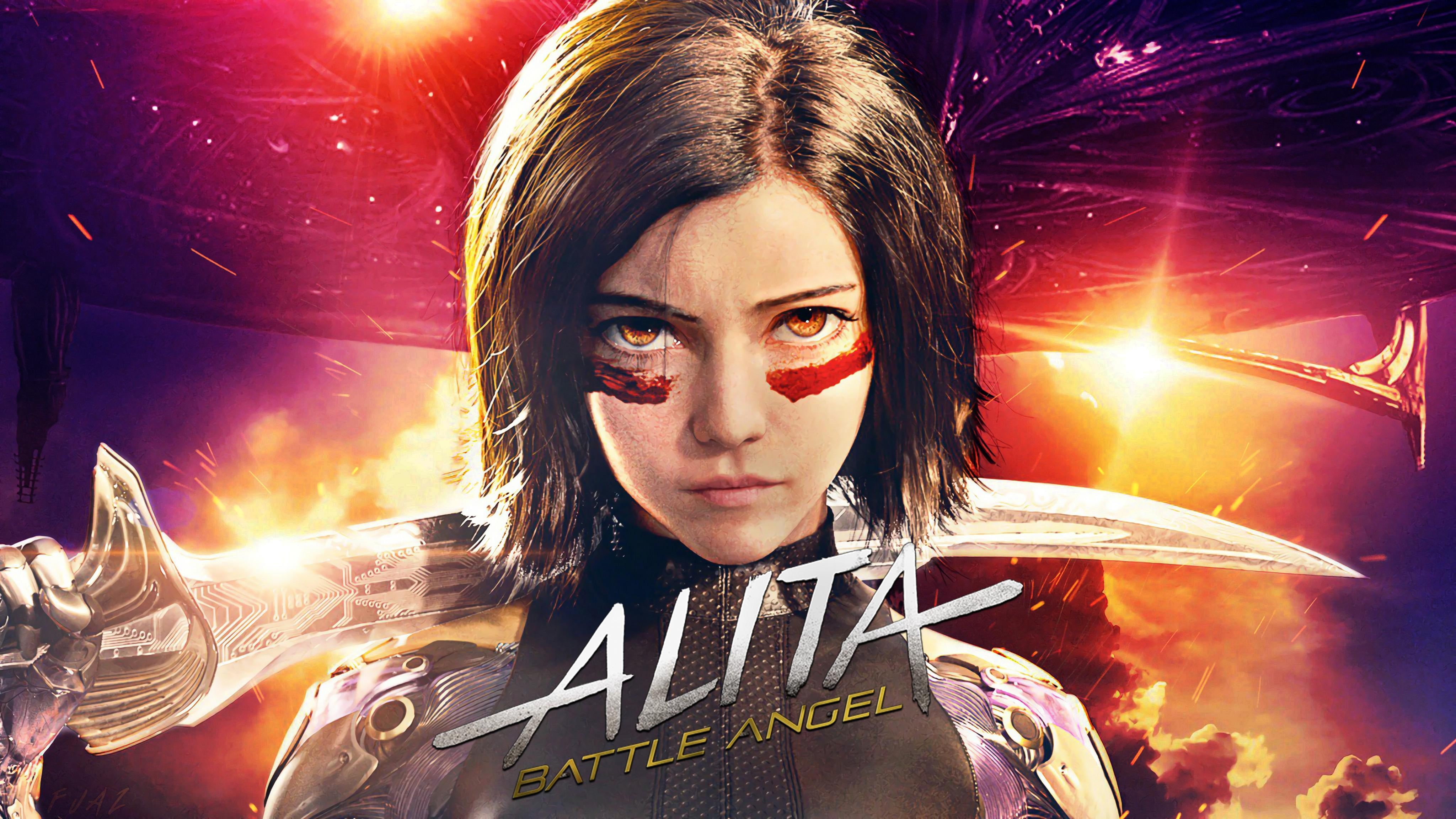 Alita: Battle Angel, Brown Eyes, Movie, 4K, Sword, Black Hair, Cyborg, Alita (Alita: Battle Angel), HD Wallpaper