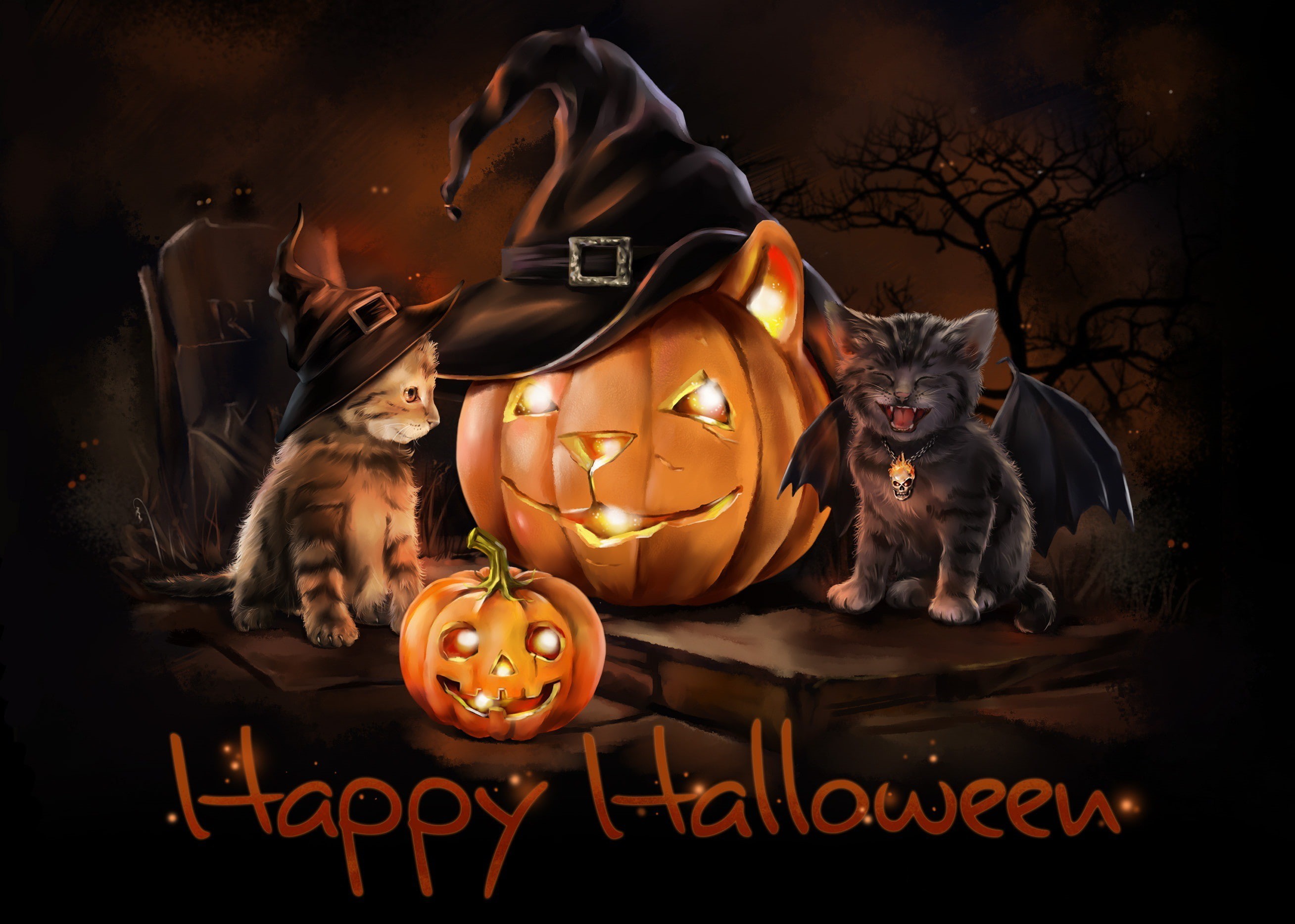 holiday, 2K, night, kittens, lorri kajenn the, wings, hat, art, childrens, Halloween, pumpkin, HD Wallpaper