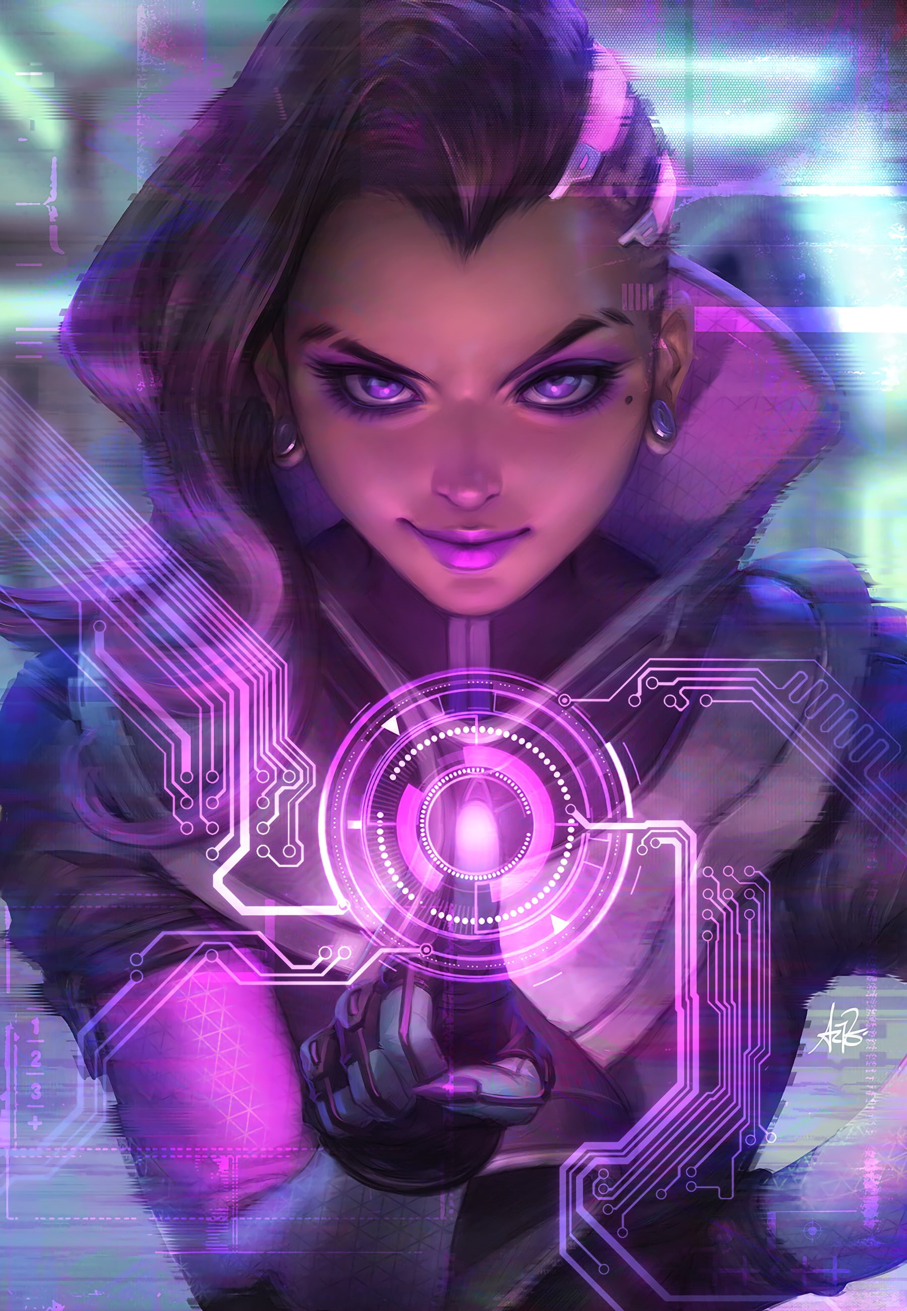 hackers, hacking, 2K, Sombra (Overwatch), long hair, Overwatch, Sombra, purple eyes, Phone HD Wallpaper