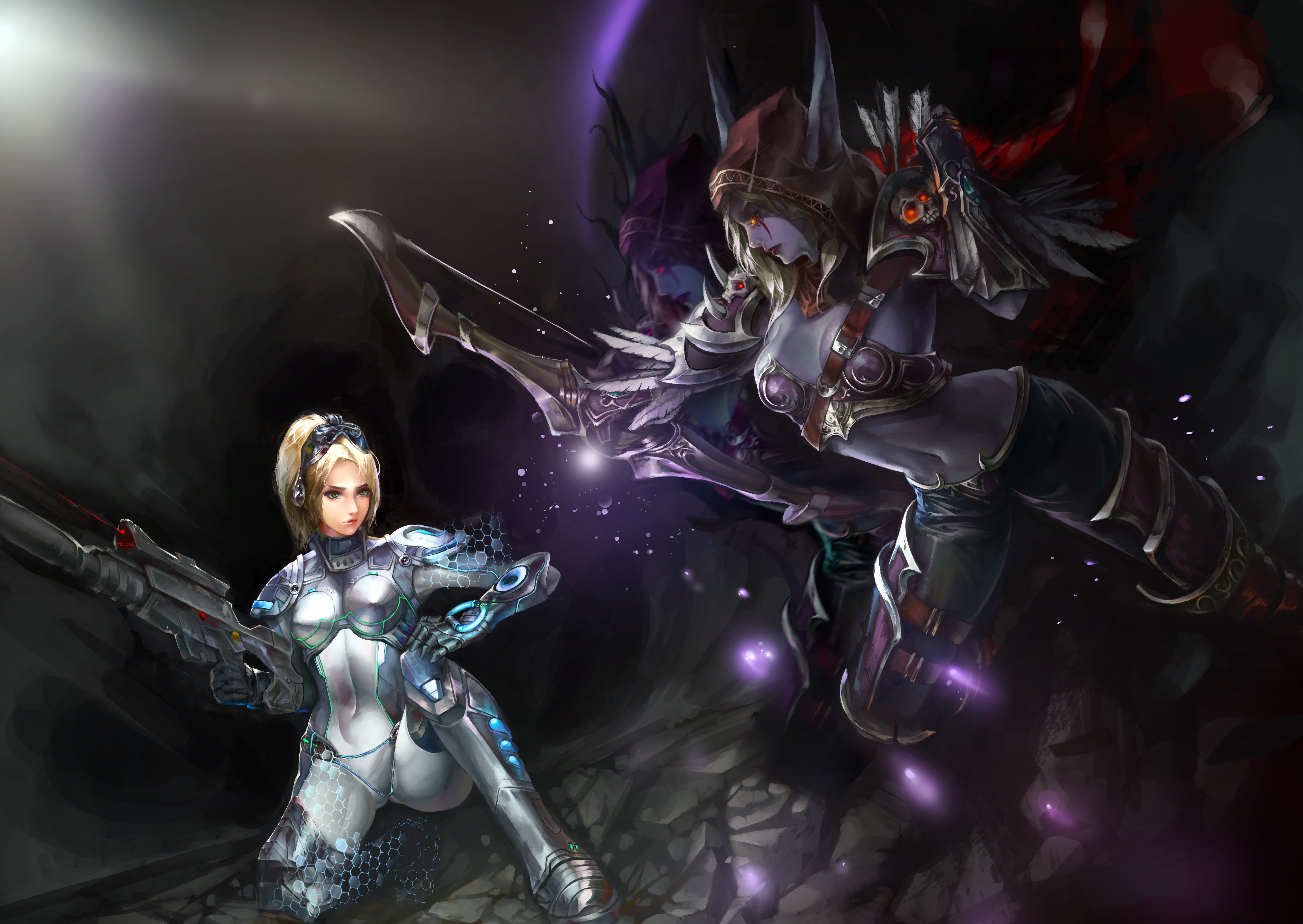 night, no people, alien, fantasy, female likeness, science, indoors, imagination, weapon, illuminated, Sylvanas, creativity, male likeness, illustration, HD Wallpaper