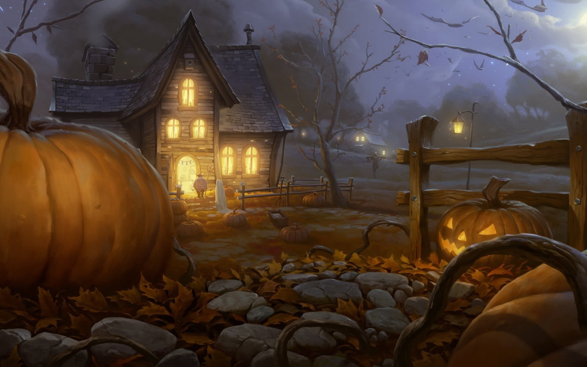 concrete, gray, brown, illuminated, plant part, outdoors, night, painting, leaves, tree, building, dusk, architecture, solid, house, plant, 1080P, pumpkins, HD Wallpaper