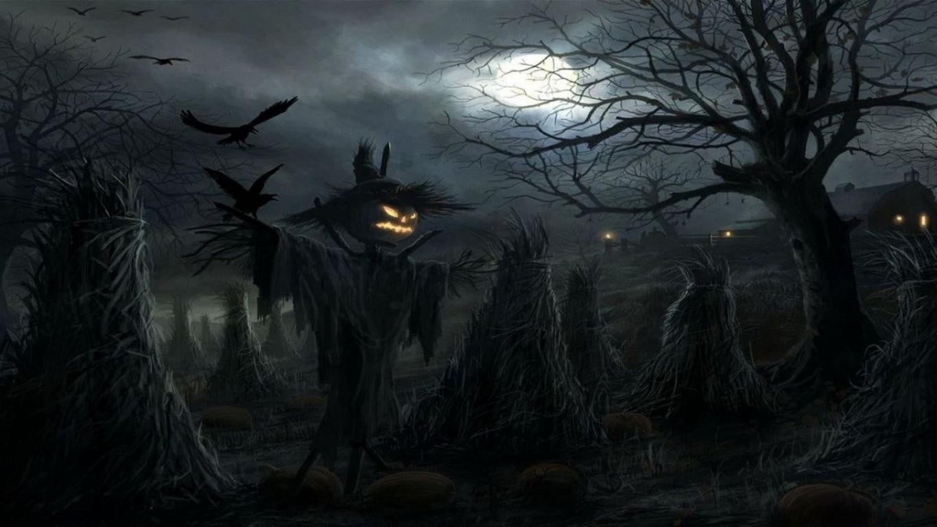 720P, plant, dusk, trees, bare tree, scary, animal, scarecrow, artwork, nature, fear, sky, architecture, spooky, full moon, fog, digital composite, dark, HD Wallpaper