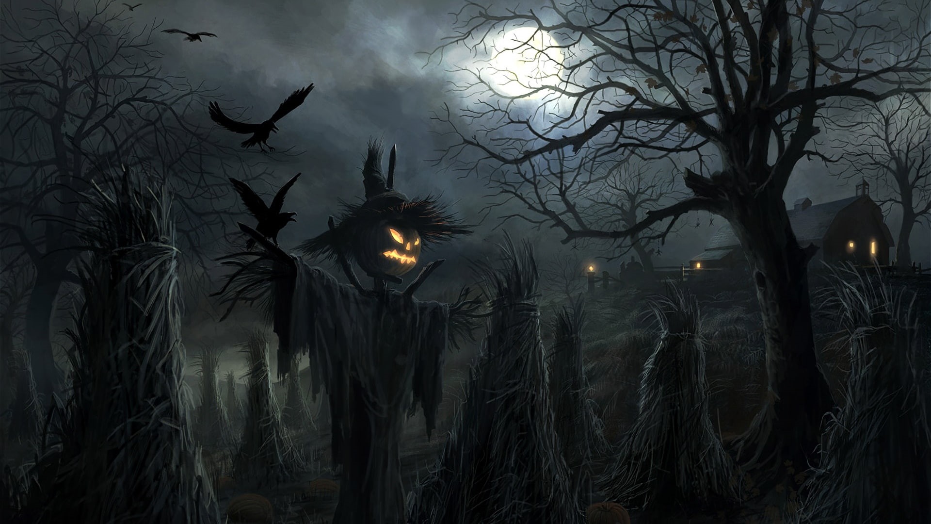 darkness, moonlight, full moon, scarecrow, halloween, 1080P, halloween night, spooky, HD Wallpaper
