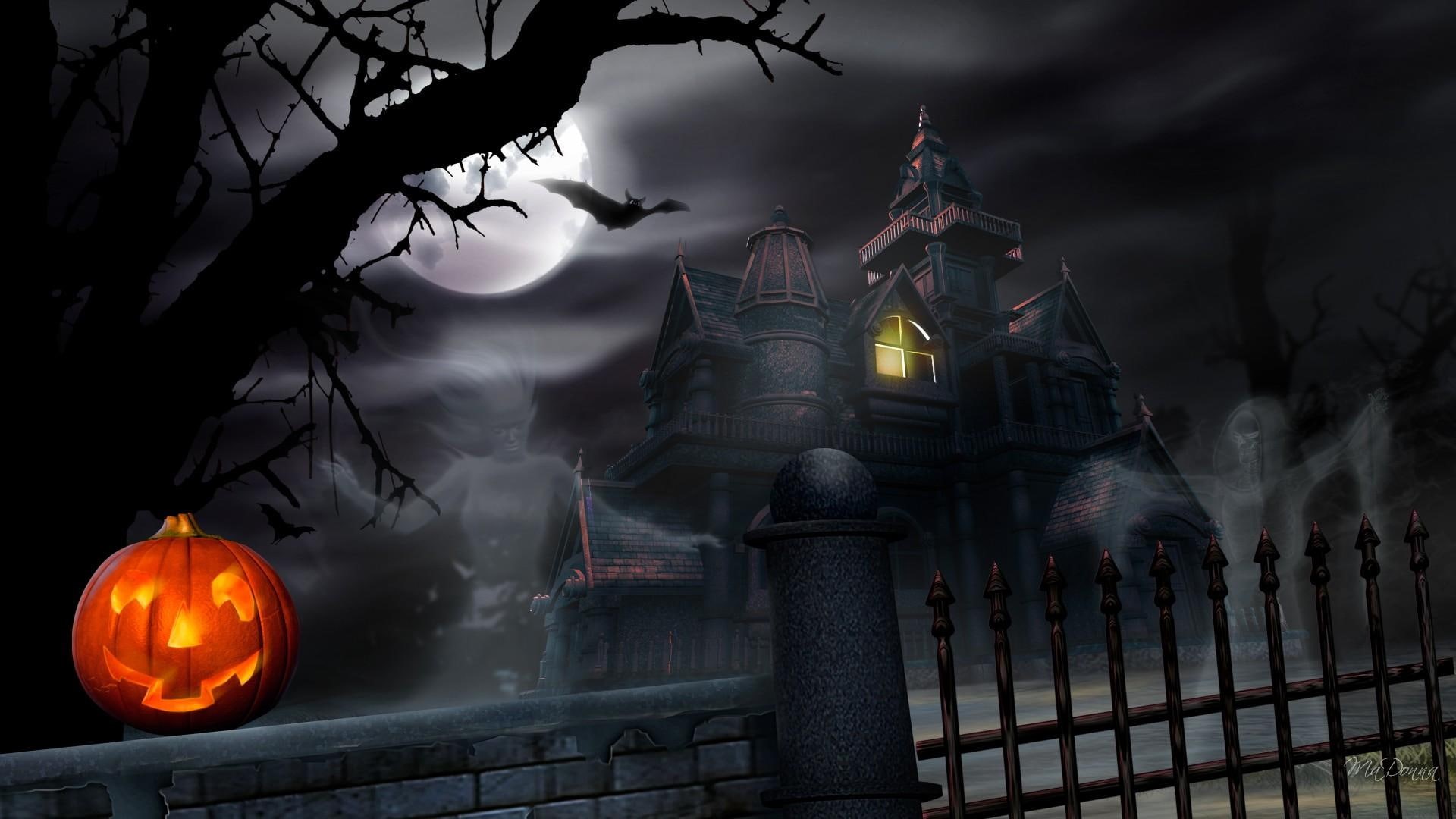 haunted, spirits, full moon, bats, house, ghosts, fence, jack o lantern, lights, pumpkin, trees, spooky, halloween, 1080P, HD Wallpaper