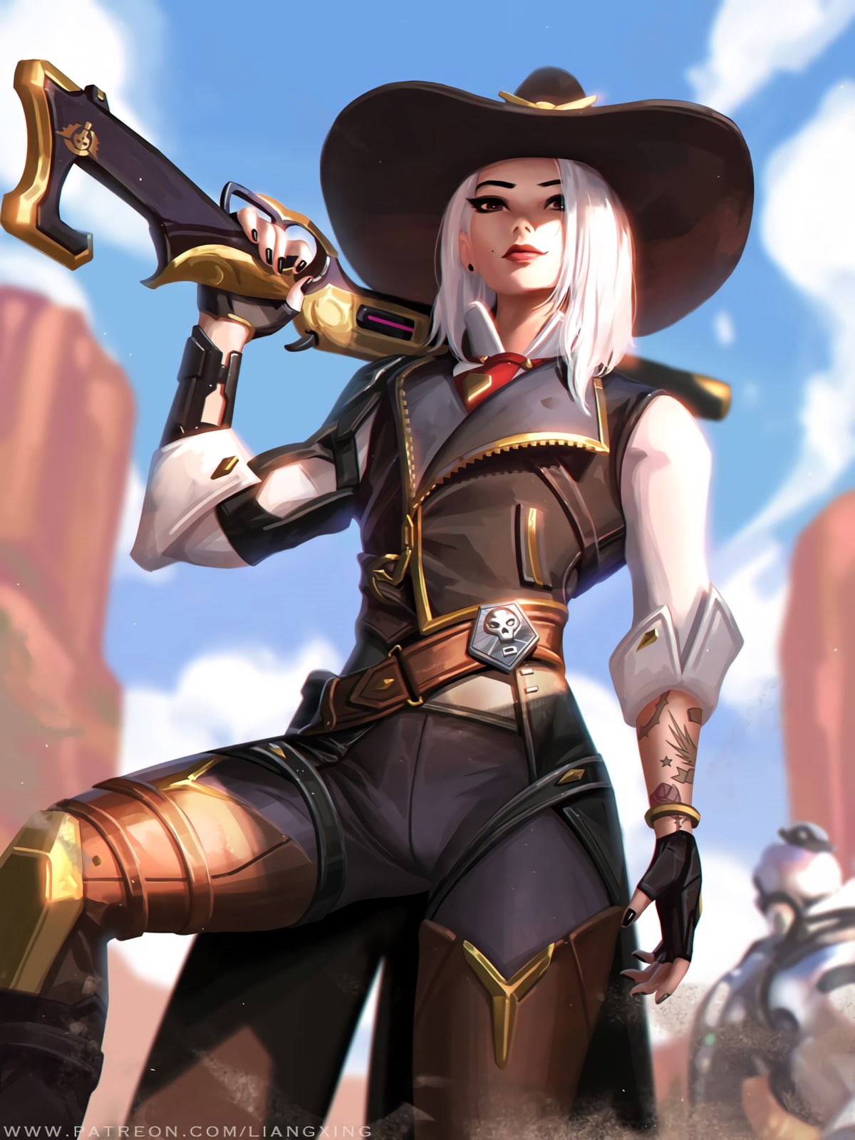 white hair, artwork, Overwatch, digital art, looking at viewer, Liang-Xing, Liang Xing, Ashe (Overwatch), Blizzard Entertainment, video games, brown eyes, Phone HD Wallpaper