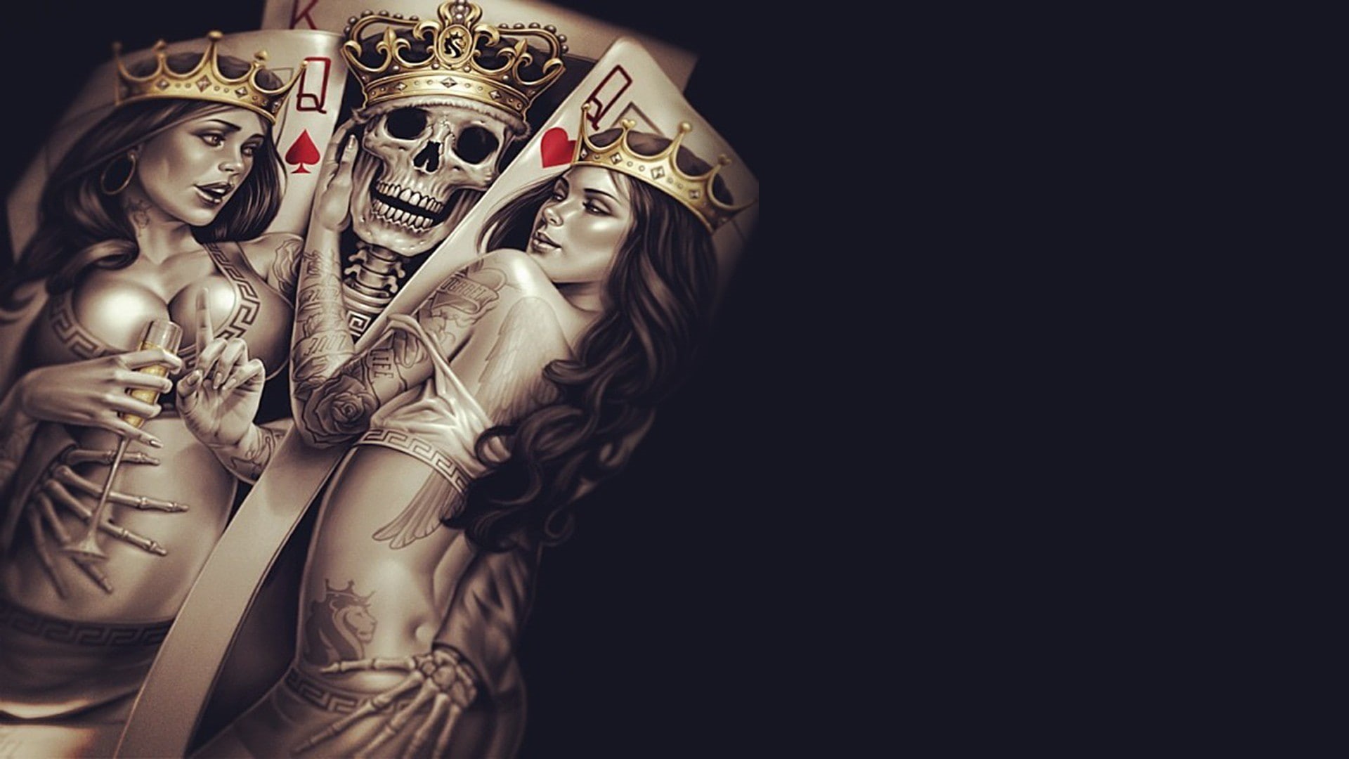 cards, 1080P, comic art, playing cards, skull, HD Wallpaper