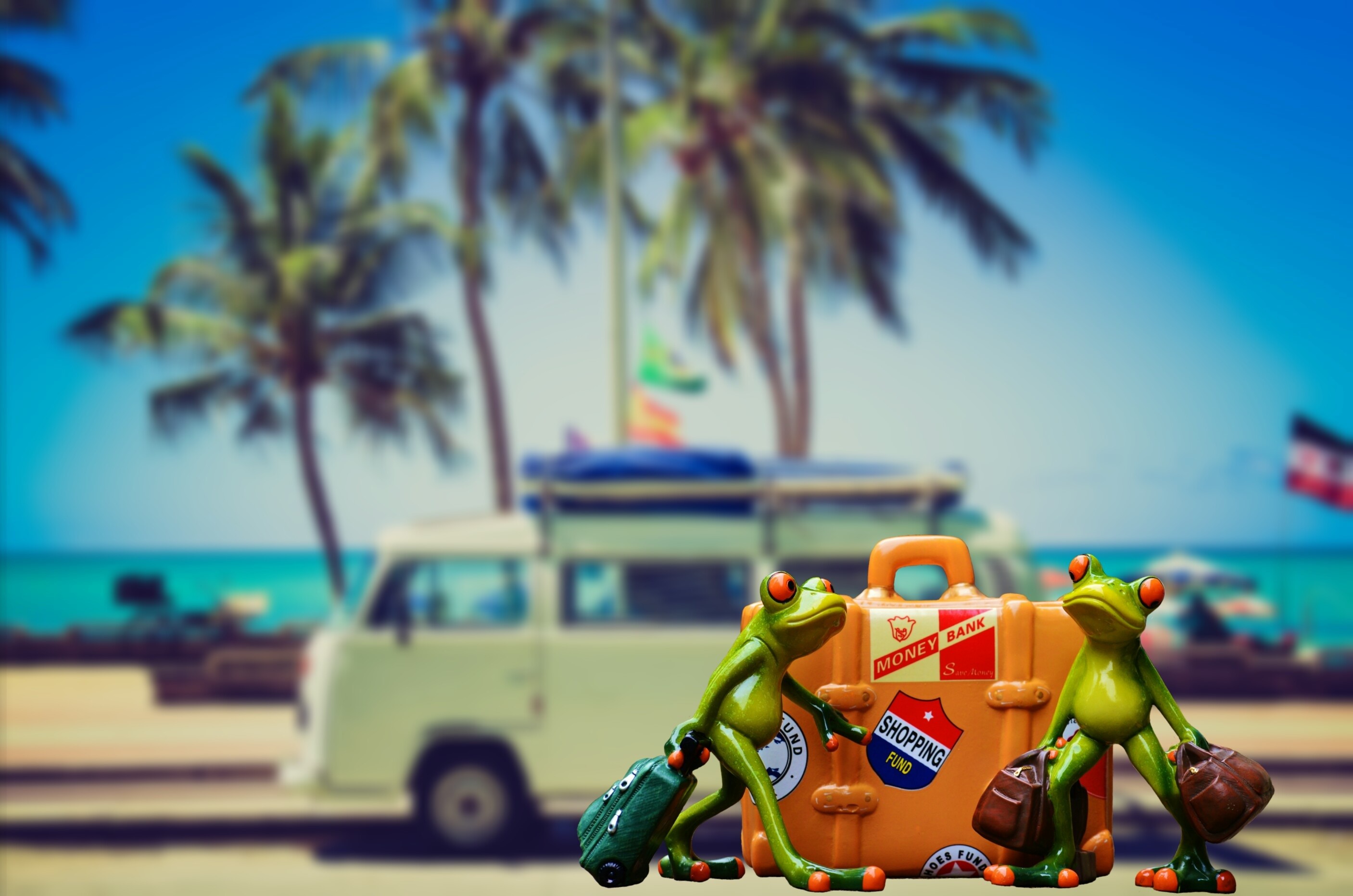 green, animal representation, no people, suitcase, tree, transportation, nature, water, palm tree, representation, sky, tropical climate, two, HD Wallpaper