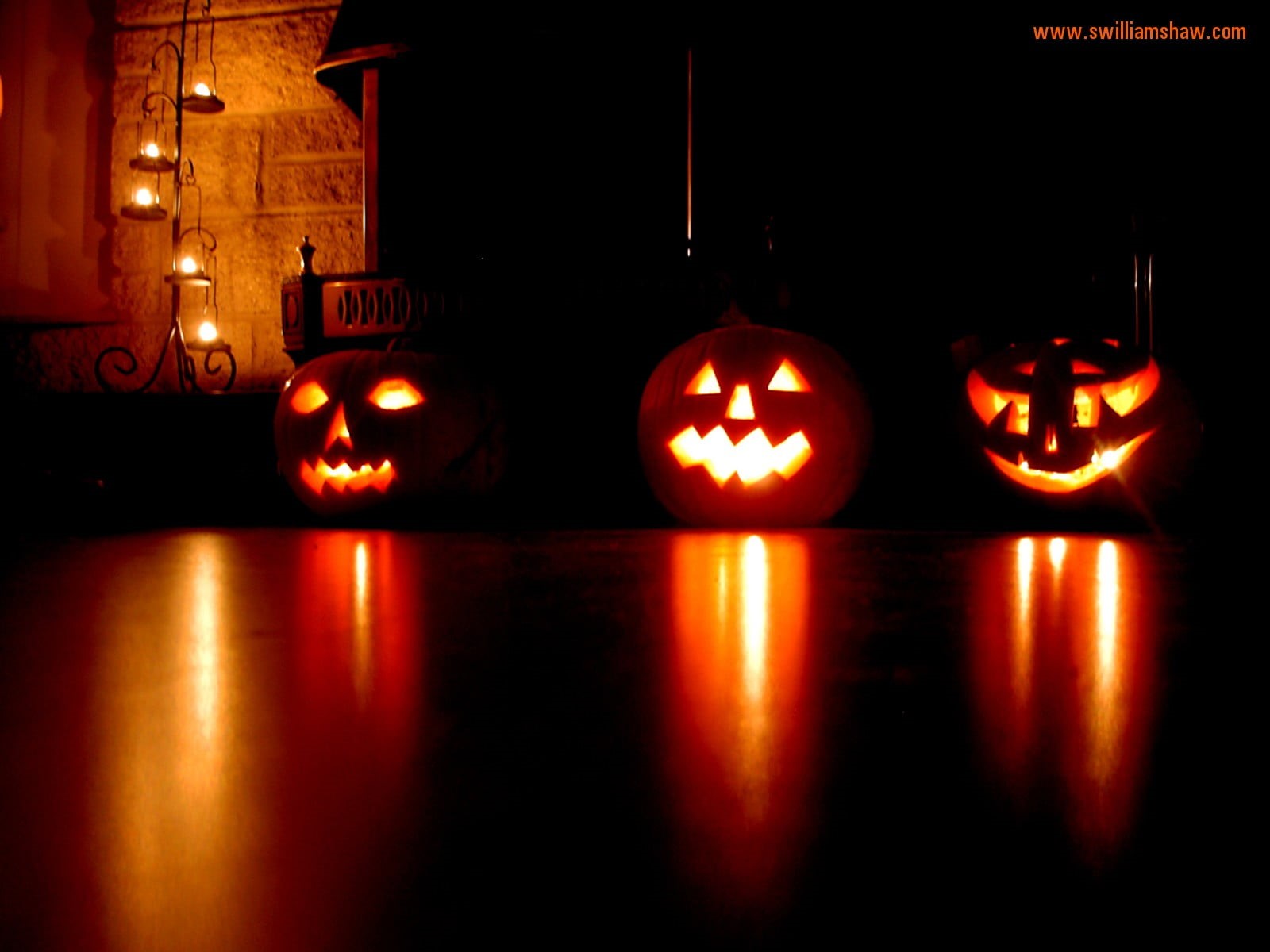 Halloween, table, jack, dark, glowing eyes, Jack O Lantern, lighting equipment, three, spooky, o, night, reflection, pumpkin, food and drink, food, indoors, HD Wallpaper