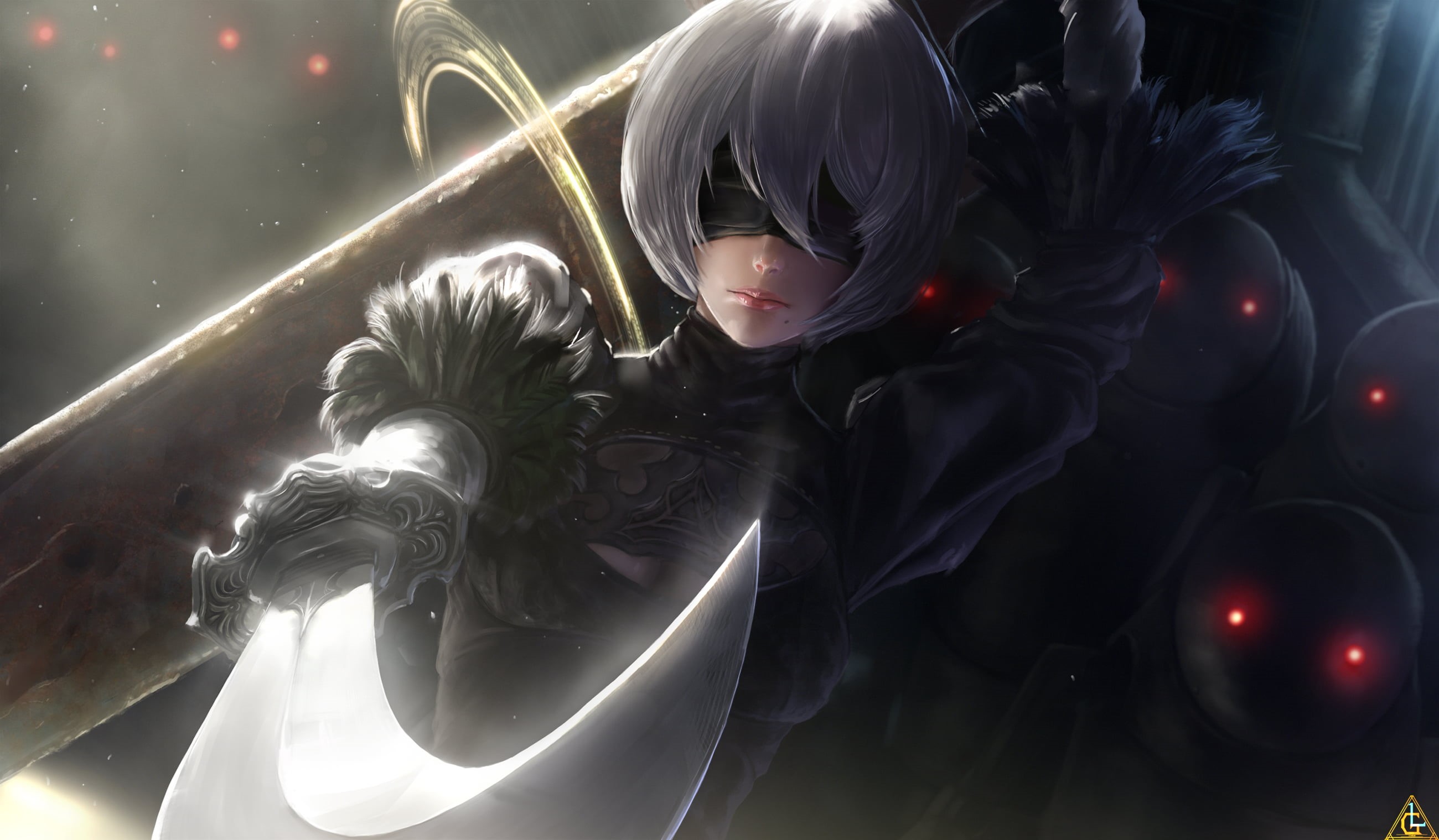 indoors, gray, haired, weapon, one person, front view, short hair, silver hair, childhood, 2B (Nier: Automata), women, casual clothing, 2K, HD Wallpaper