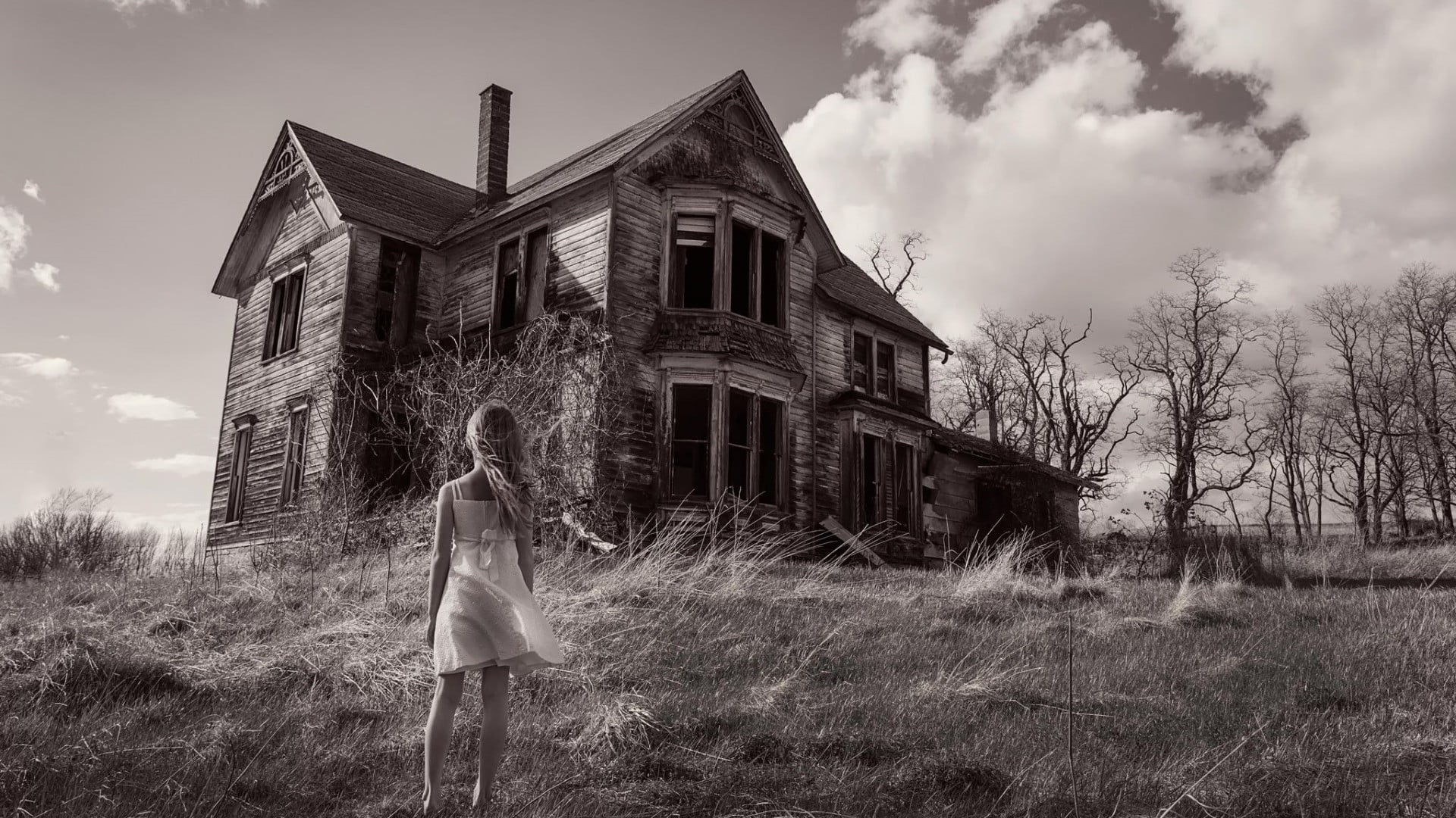 1080P, built structure, wood house, tree, table, day, sky, black, children, building, hairstyle, land, wooden, abandoned, plant, full length, women, rectangular, HD Wallpaper
