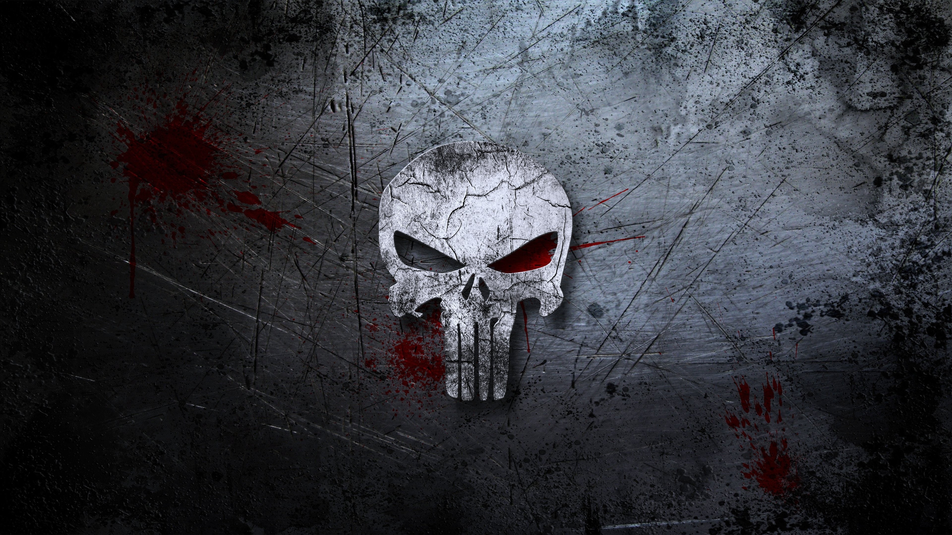background, 4K, punisher, Scratches, skull, movies, wall, blood, HD Wallpaper
