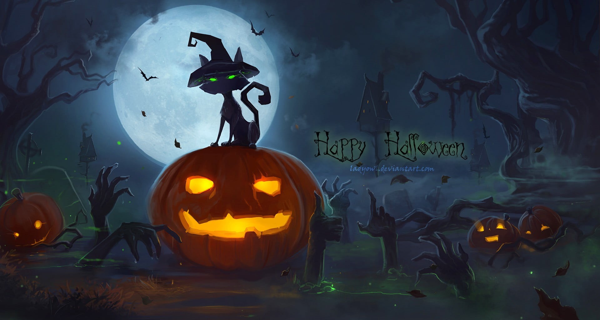 happy, no people, night, spooky, anthropomorphic, vector art, pumpkin, celebration, haloween, digital, face, creativity, black cats, art and craft, representation, HD Wallpaper
