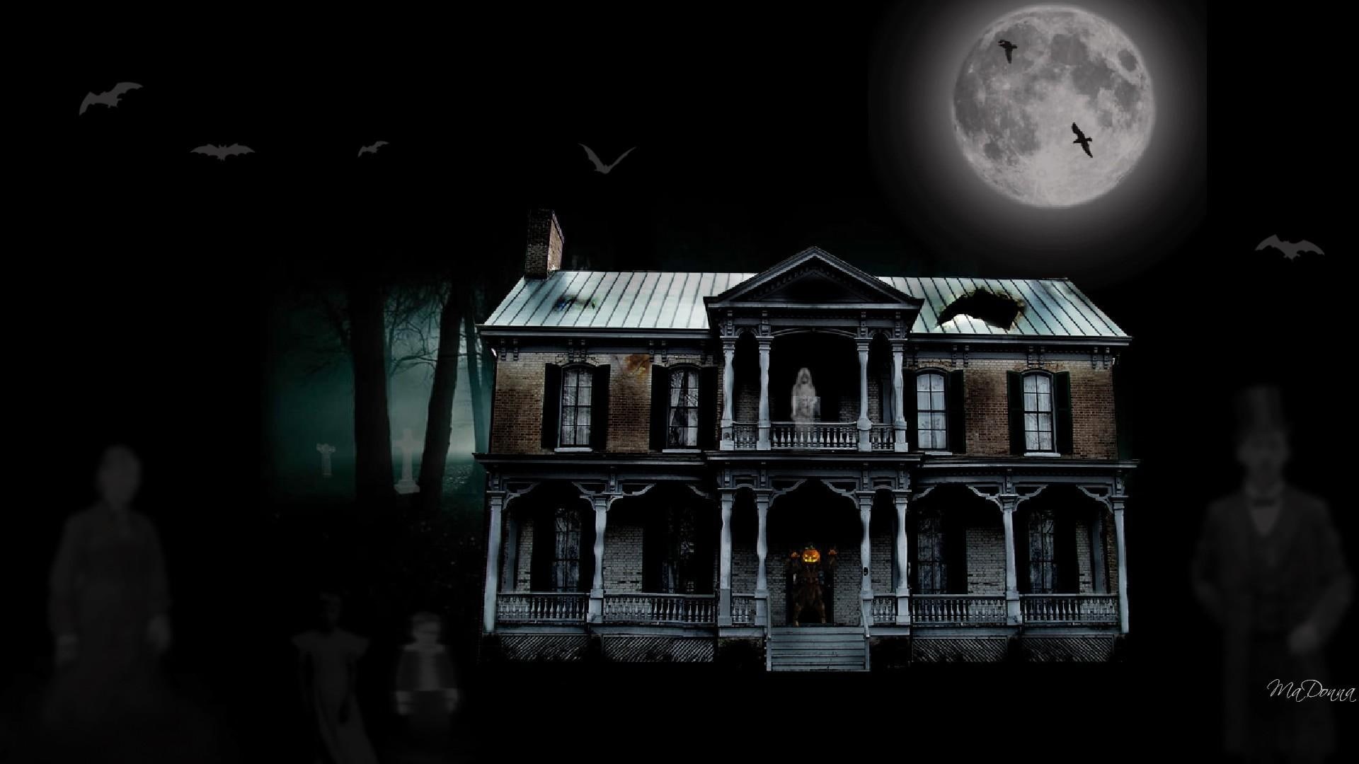 animal, haunts, family, crosses, 1080P, ghosts, halloween, graves, house, birds, spooky, moon, bats, scary, widescreen, HD Wallpaper