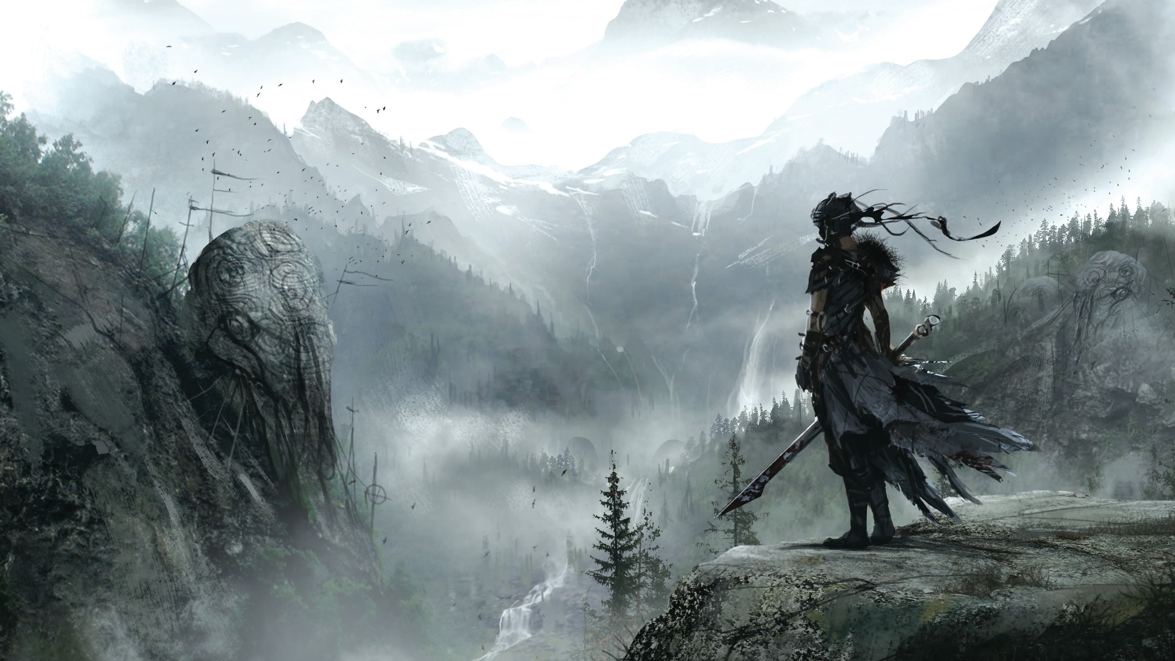cliff, mountain, PS4, fantasy, 4K, Best games, game, standing, PC, background, Hellblade, sword, man, holding, HD Wallpaper