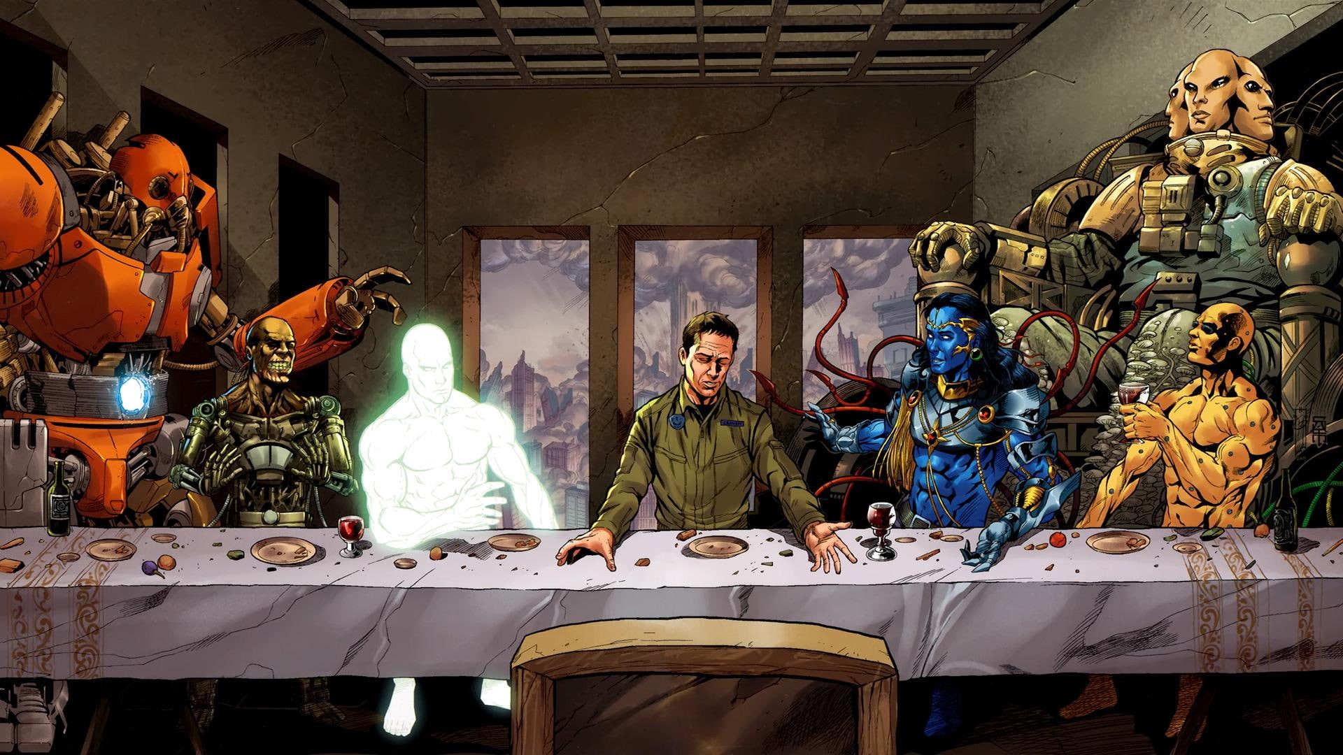 sitting, maitreya, supergod, cartoon, last supper, supper, digital art, character, morrigan lugus, malak, jerry craven, painting, 1080P, last, krishna, HD Wallpaper
