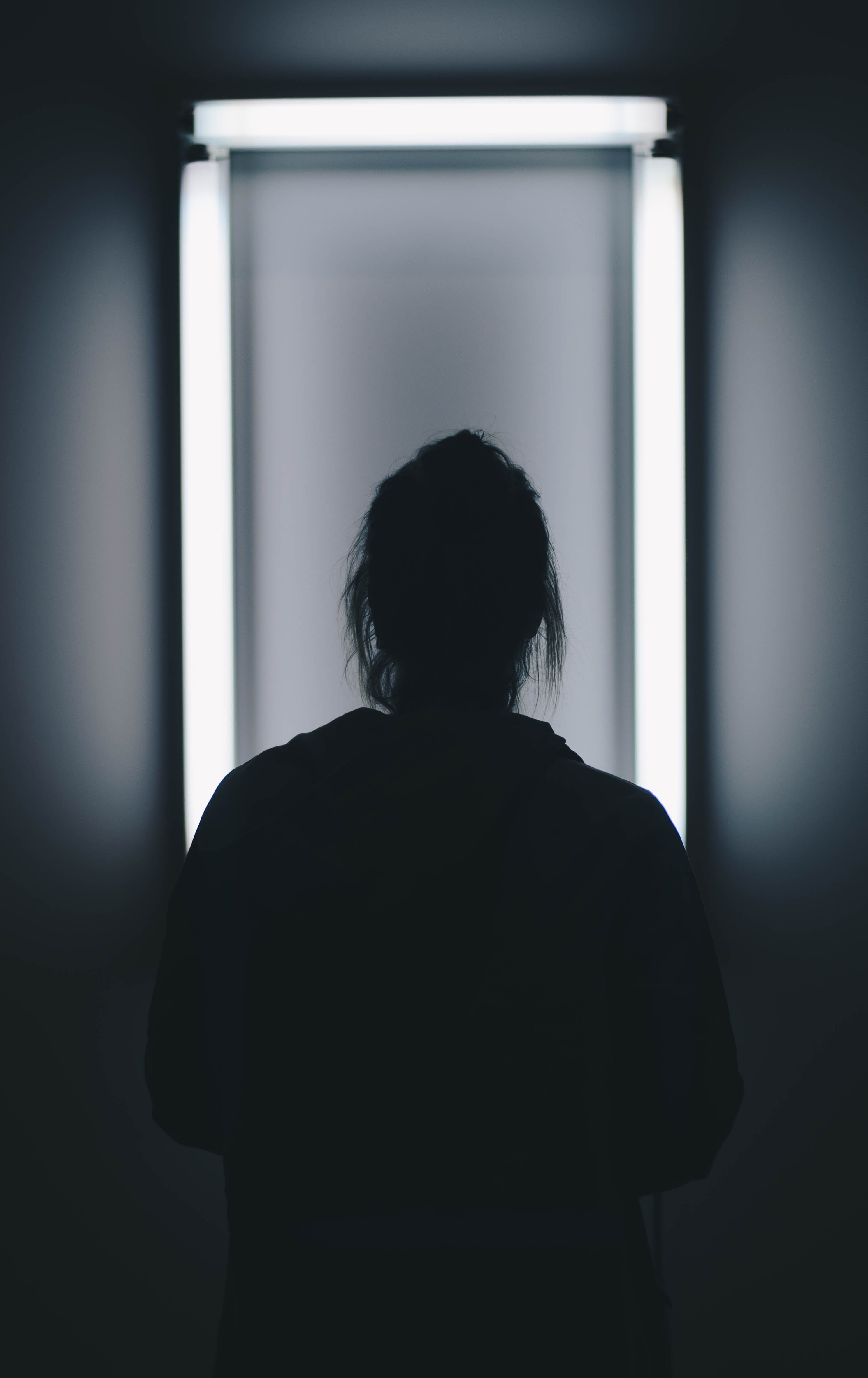 portrait, room, dark, front, photo, architecture, light, shadow, adult, sadness, waist up, depression - Sadness, light - natural phenomenon, leisure activity, Phone HD Wallpaper