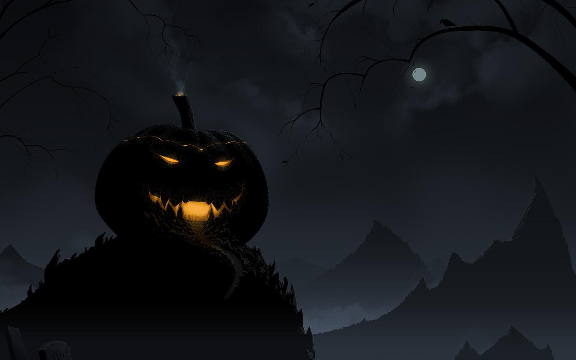 1080P, spooky, pumpkins, nature and landscapes, pumpkin, dark, halloween, HD Wallpaper