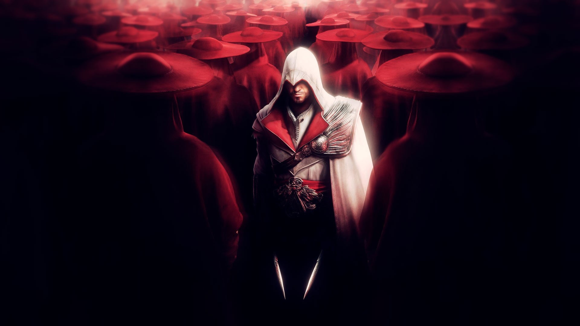 beauty, fashion, young adult, video games, red, creed, Assassins Creed, contemplation, brotherhood, young women, black background, 1080P, digital, HD Wallpaper